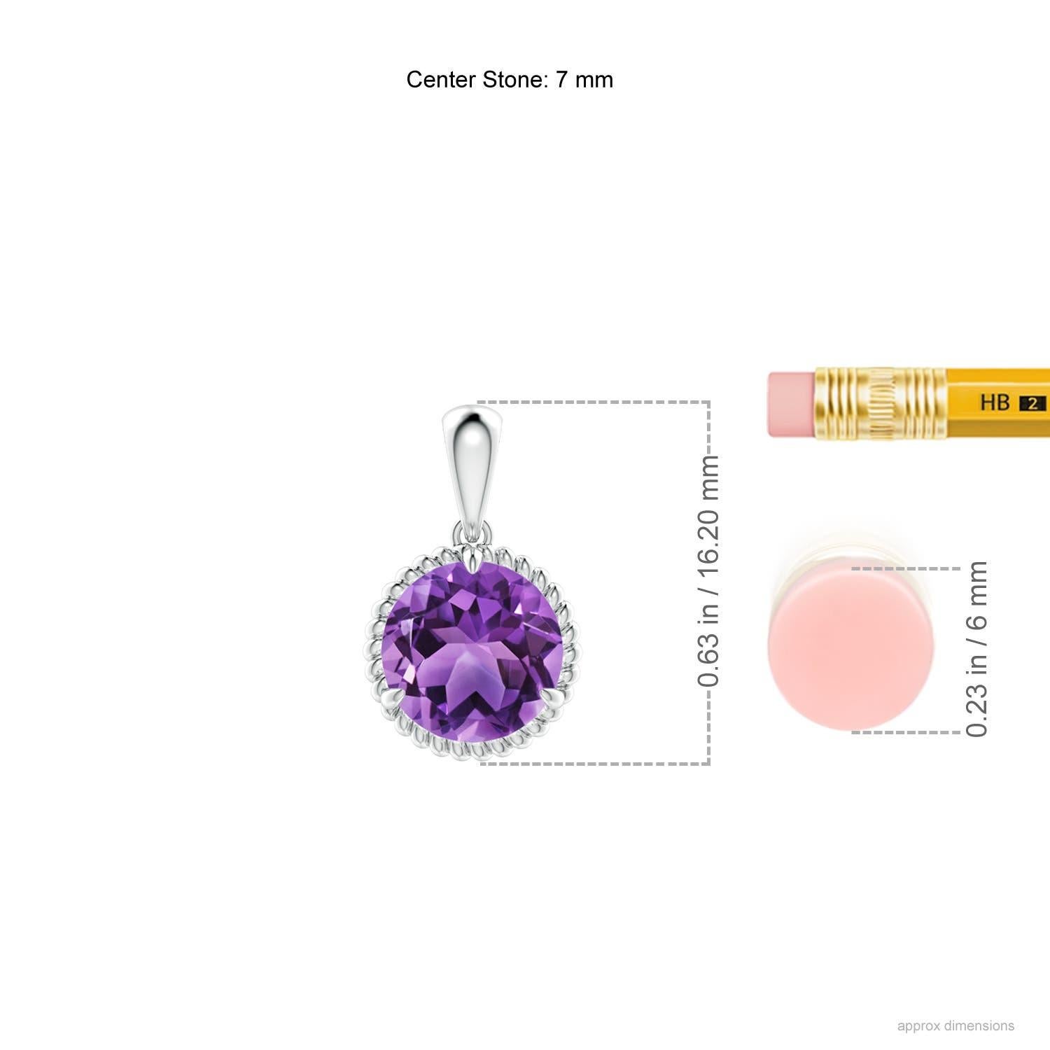 Exuding pure elegance, this amethyst solitaire dangle pendant is designed in platinum. The round claw prong set amethyst is surrounded by a twisted rope frame that lends a touch of uniqueness to the design.