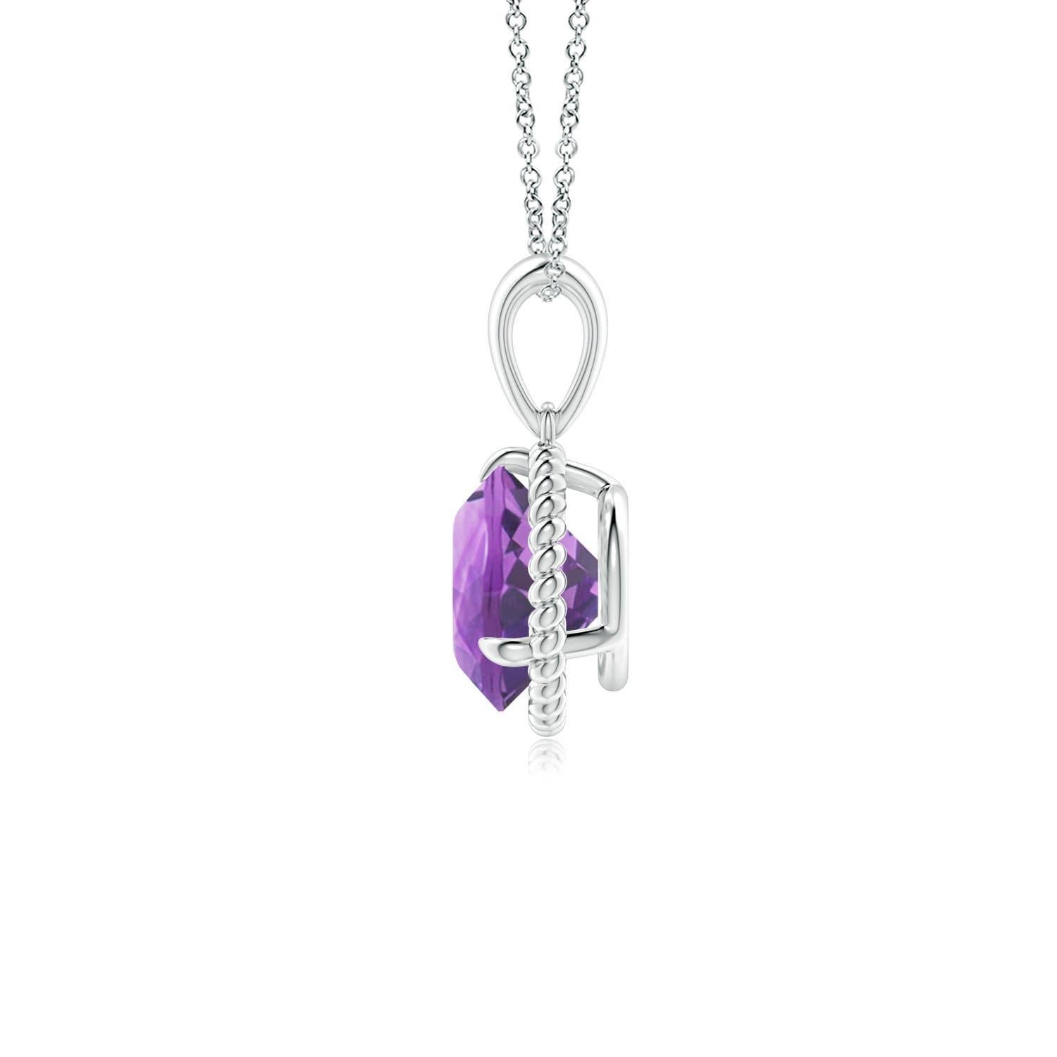 Round Cut Natural Rope-Framed 1.15ct Amethyst Solitaire Pendant in Platinum For Sale