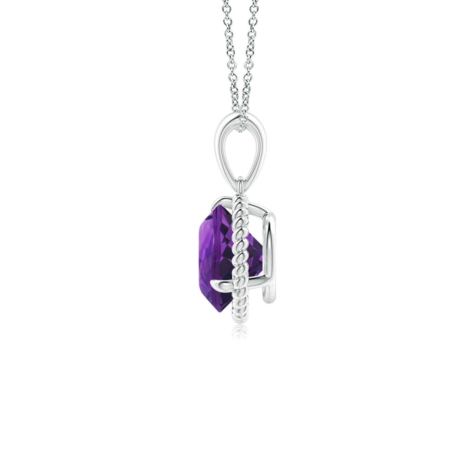 Round Cut Natural Rope-Framed 1.15ct Amethyst Solitaire Pendant in Platinum For Sale