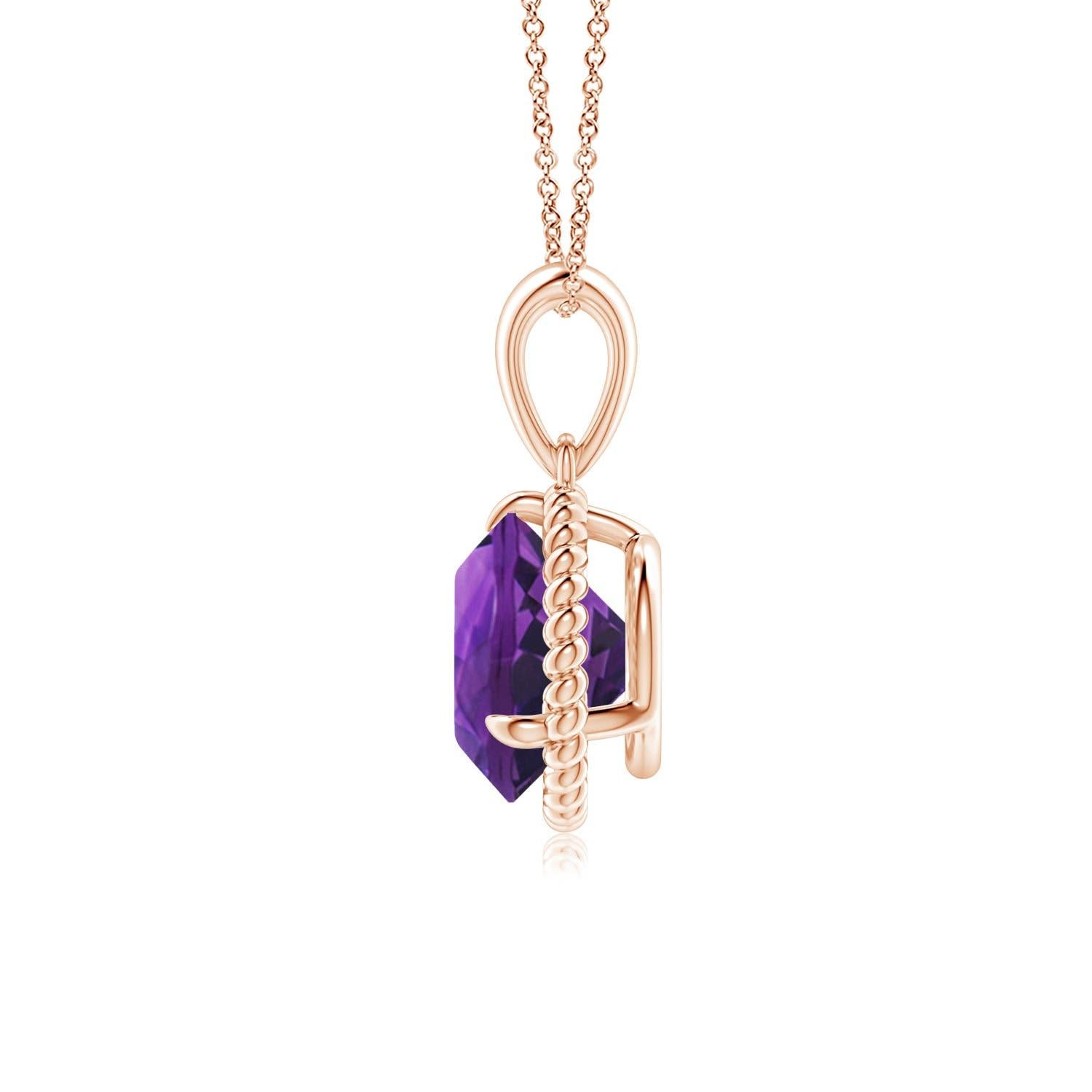 Round Cut Natural Rope-Framed 1.7ct Amethyst Solitaire Pendant in 14K Rose Gold For Sale