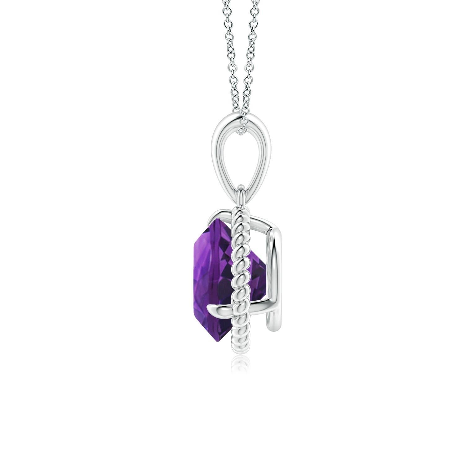Round Cut Natural Rope-Framed 1.7ct Amethyst Solitaire Pendant in 14K White Gold For Sale