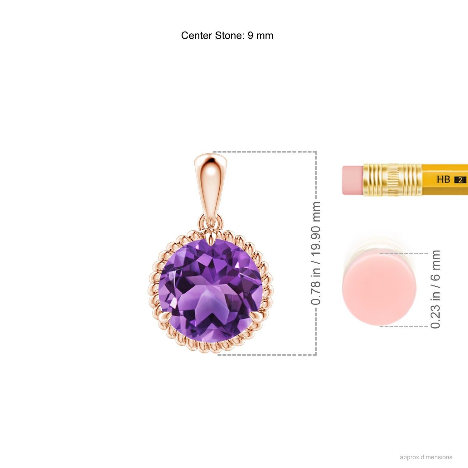 Exuding pure elegance, this amethyst solitaire dangle pendant is designed in 14k rose gold. The round claw prong set amethyst is surrounded by a twisted rope frame that lends a touch of uniqueness to the design.