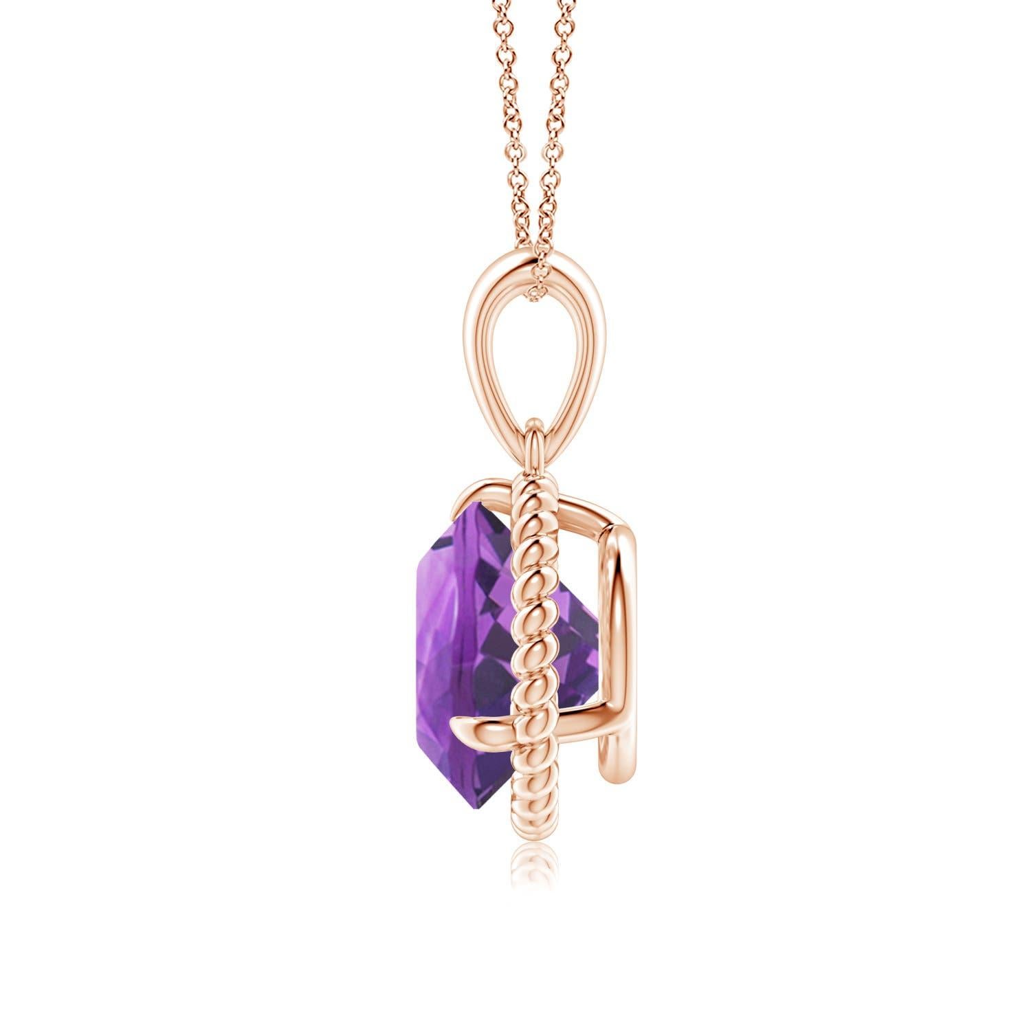 Round Cut Natural Rope-Framed 2.45ct Amethyst Solitaire Pendant in 14K Rose Gold For Sale