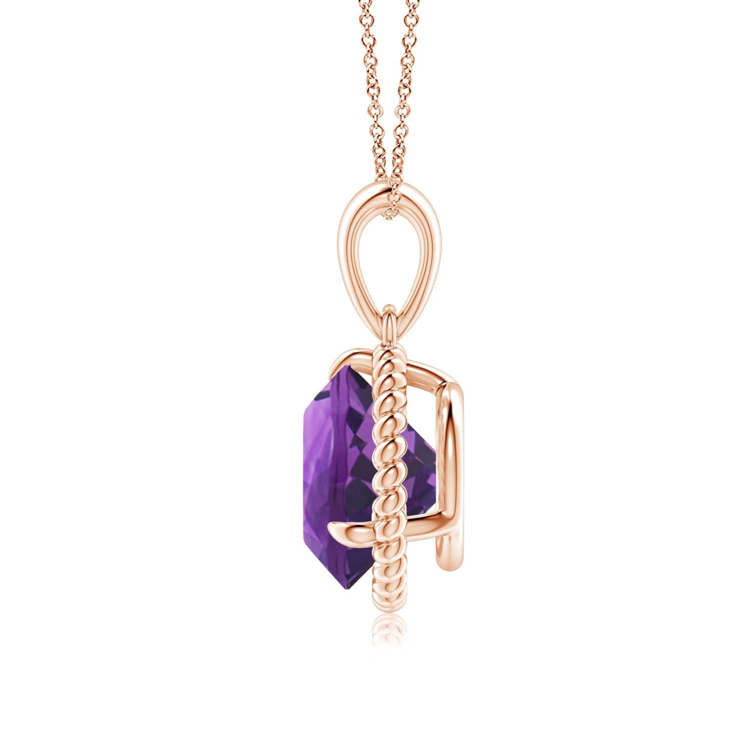Round Cut Natural Rope-Framed 2.45ct Amethyst Solitaire Pendant in 14K Rose Gold For Sale