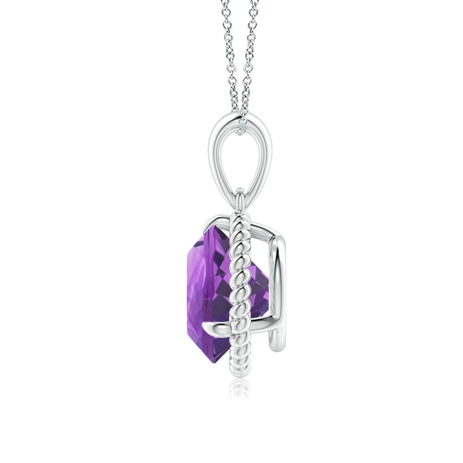 Round Cut Natural Rope-Framed 2.45ct Amethyst Solitaire Pendant in 14K White Gold For Sale
