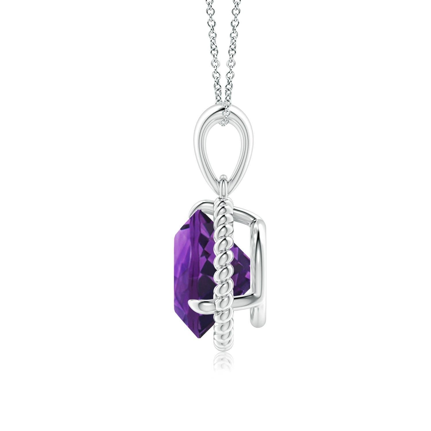 Round Cut Natural Rope-Framed 2.45ct Amethyst Solitaire Pendant in 14K White Gold For Sale