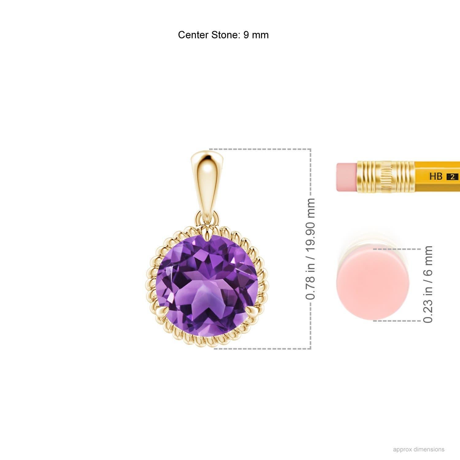 Exuding pure elegance, this amethyst solitaire dangle pendant is designed in 14k yellow gold. The round claw prong set amethyst is surrounded by a twisted rope frame that lends a touch of uniqueness to the design.
