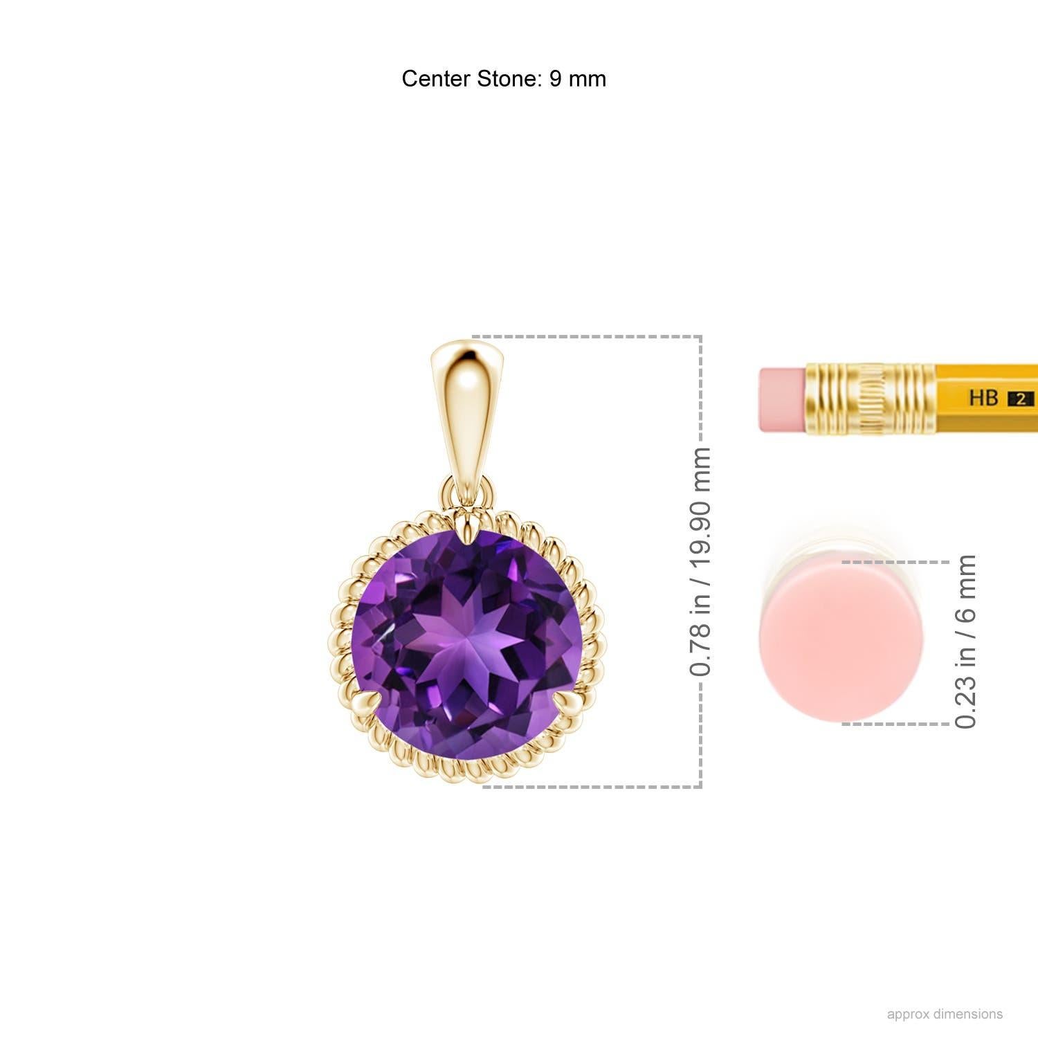 Exuding pure elegance, this amethyst solitaire dangle pendant is designed in 14k yellow gold. The round claw prong set amethyst is surrounded by a twisted rope frame that lends a touch of uniqueness to the design.
