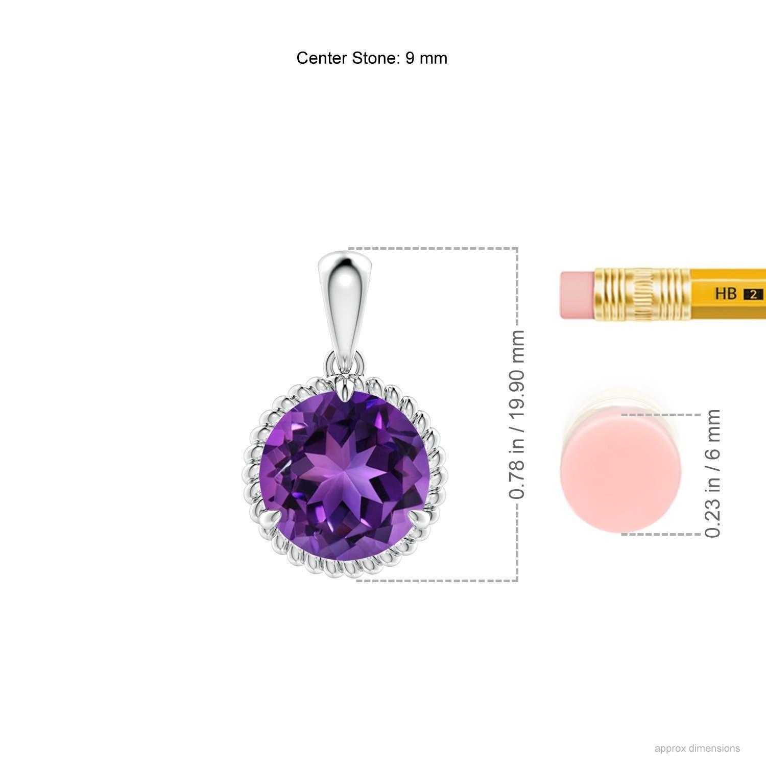 Exuding pure elegance, this amethyst solitaire dangle pendant is designed in platinum. The round claw prong set amethyst is surrounded by a twisted rope frame that lends a touch of uniqueness to the design.