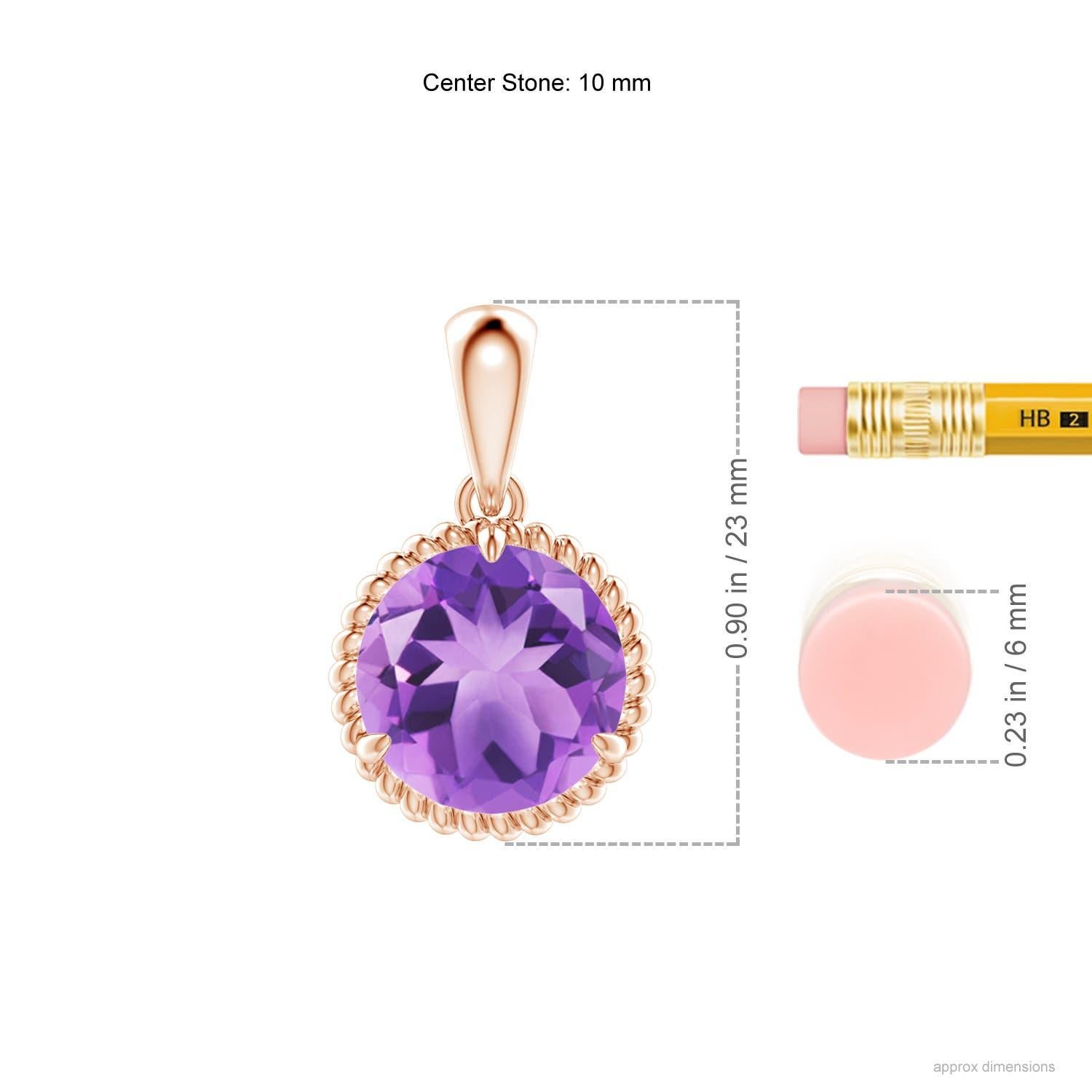 Exuding pure elegance, this amethyst solitaire dangle pendant is designed in 14k rose gold. The round claw prong set amethyst is surrounded by a twisted rope frame that lends a touch of uniqueness to the design.