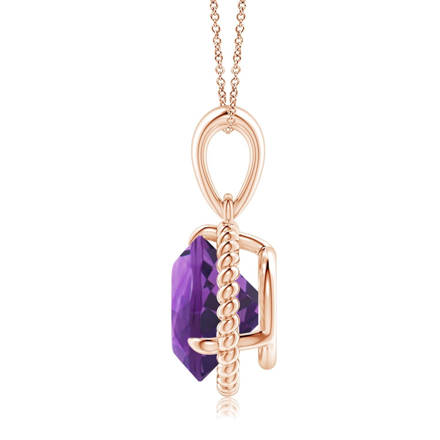 Round Cut Natural Rope-Framed 3.2ct Amethyst Solitaire Pendant in 14K Rose Gold For Sale