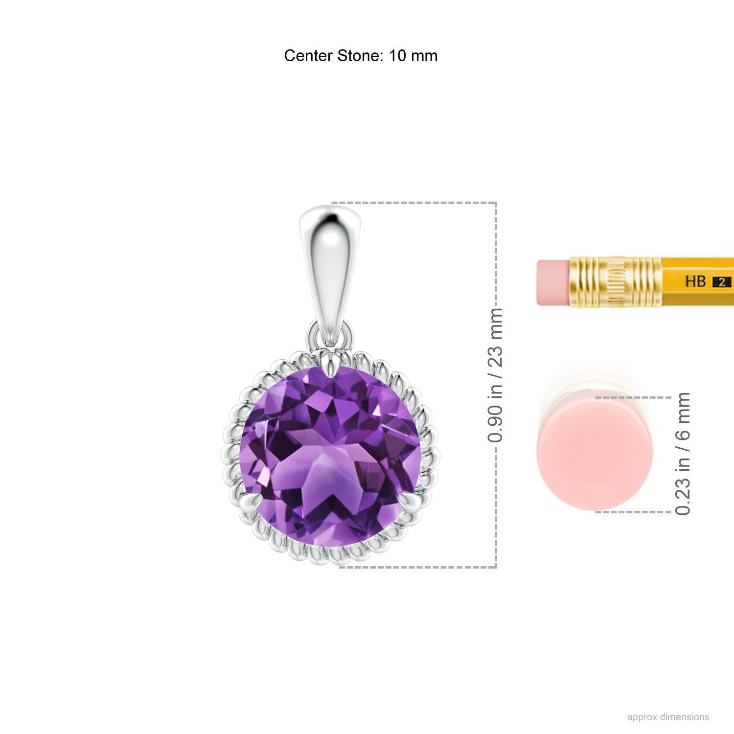 Exuding pure elegance, this amethyst solitaire dangle pendant is designed in 14k white gold. The round claw prong set amethyst is surrounded by a twisted rope frame that lends a touch of uniqueness to the design.