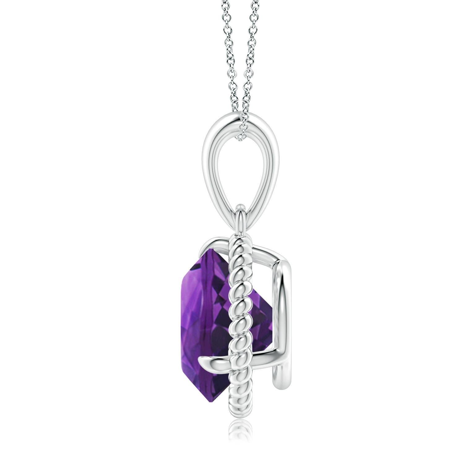 Round Cut Natural Rope-Framed 3.2ct Amethyst Solitaire Pendant in 14K White Gold For Sale
