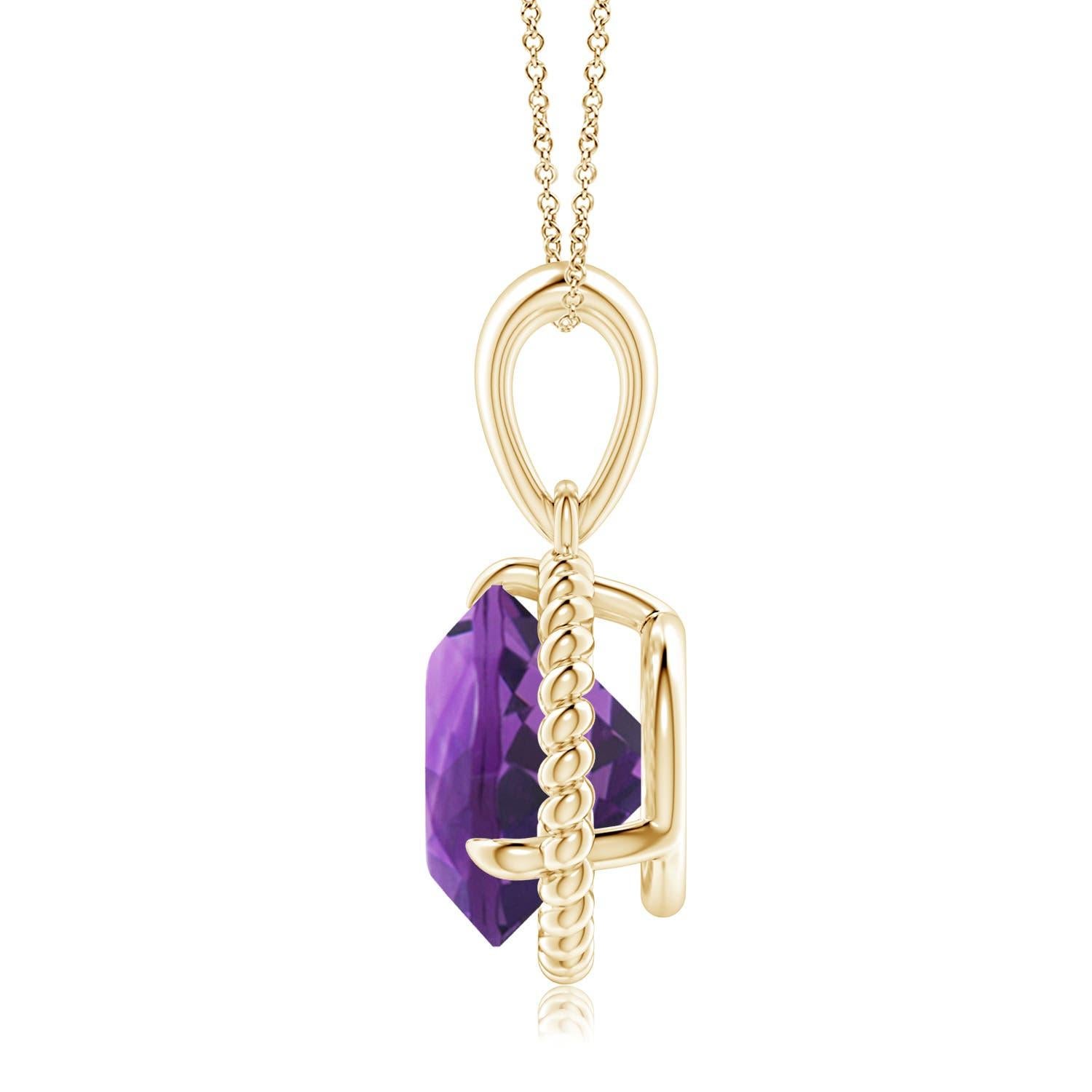 Round Cut Natural Rope-Framed 3.2ct Amethyst Solitaire Pendant in 14K Yellow Gold For Sale