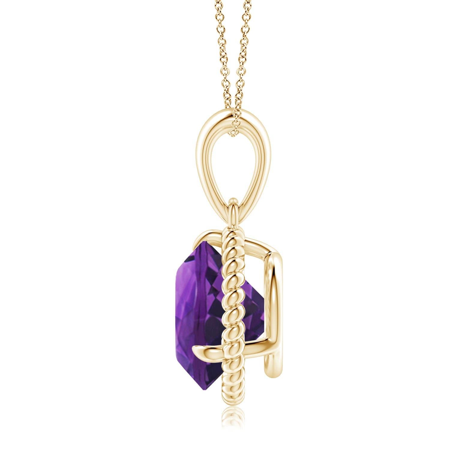 Round Cut Natural Rope-Framed 3.2ct Amethyst Solitaire Pendant in 14K Yellow Gold For Sale