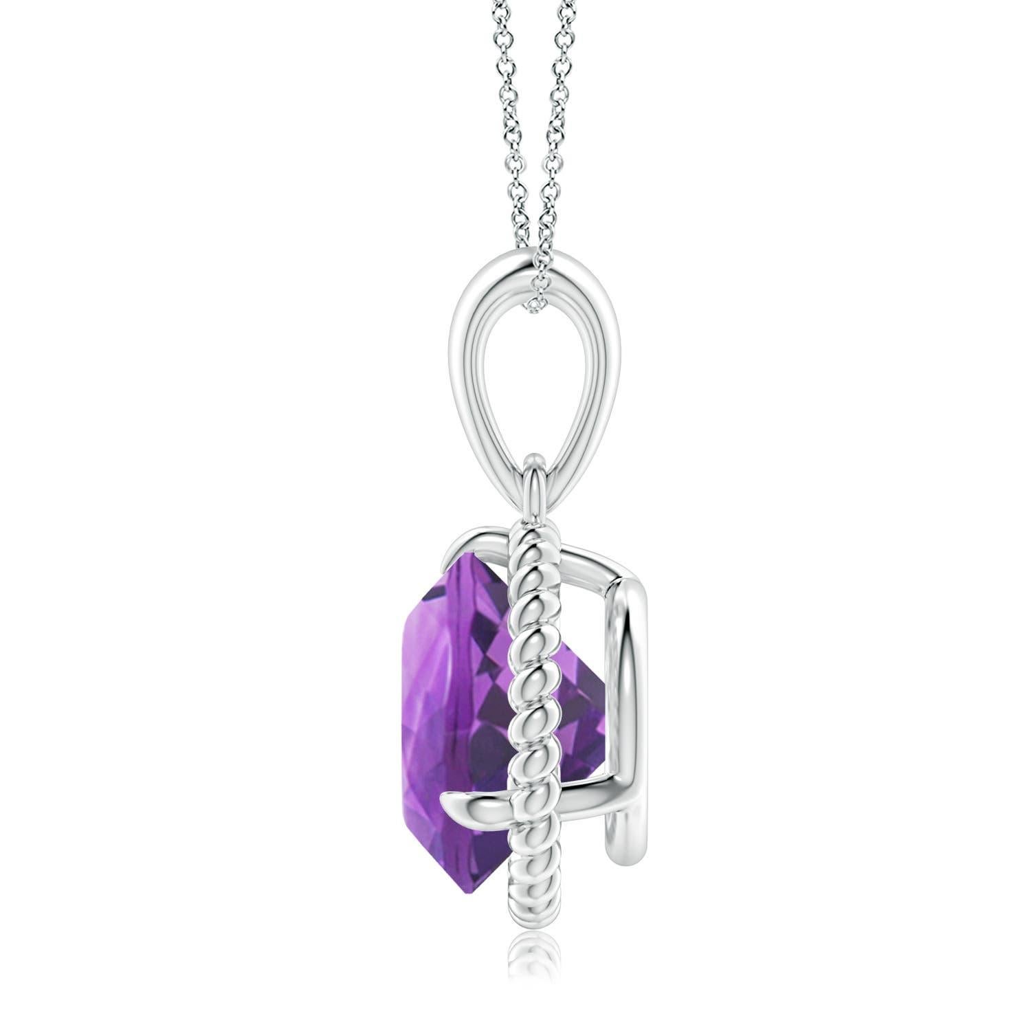 Round Cut Natural Rope-Framed 3.2ct Amethyst Solitaire Pendant in Platinum For Sale