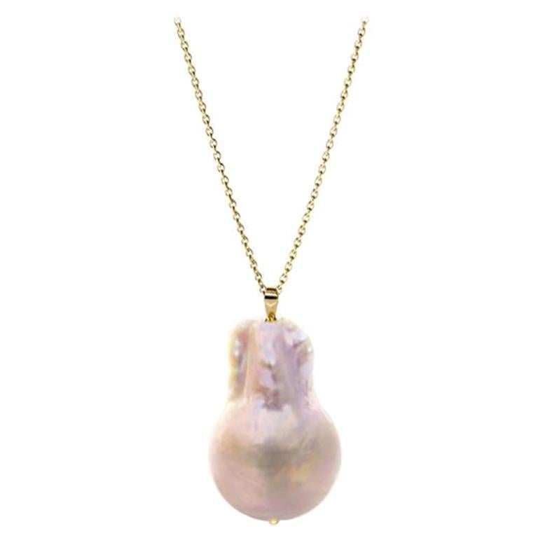 Natural Rose Baroque Pearl and 14 Karat Yellow Gold Chain Necklace For Sale