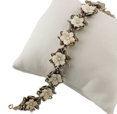 Pink Corals Flowers, Pearls, Diamonds, Rubies Rose Gold and Silver Link Bracelet