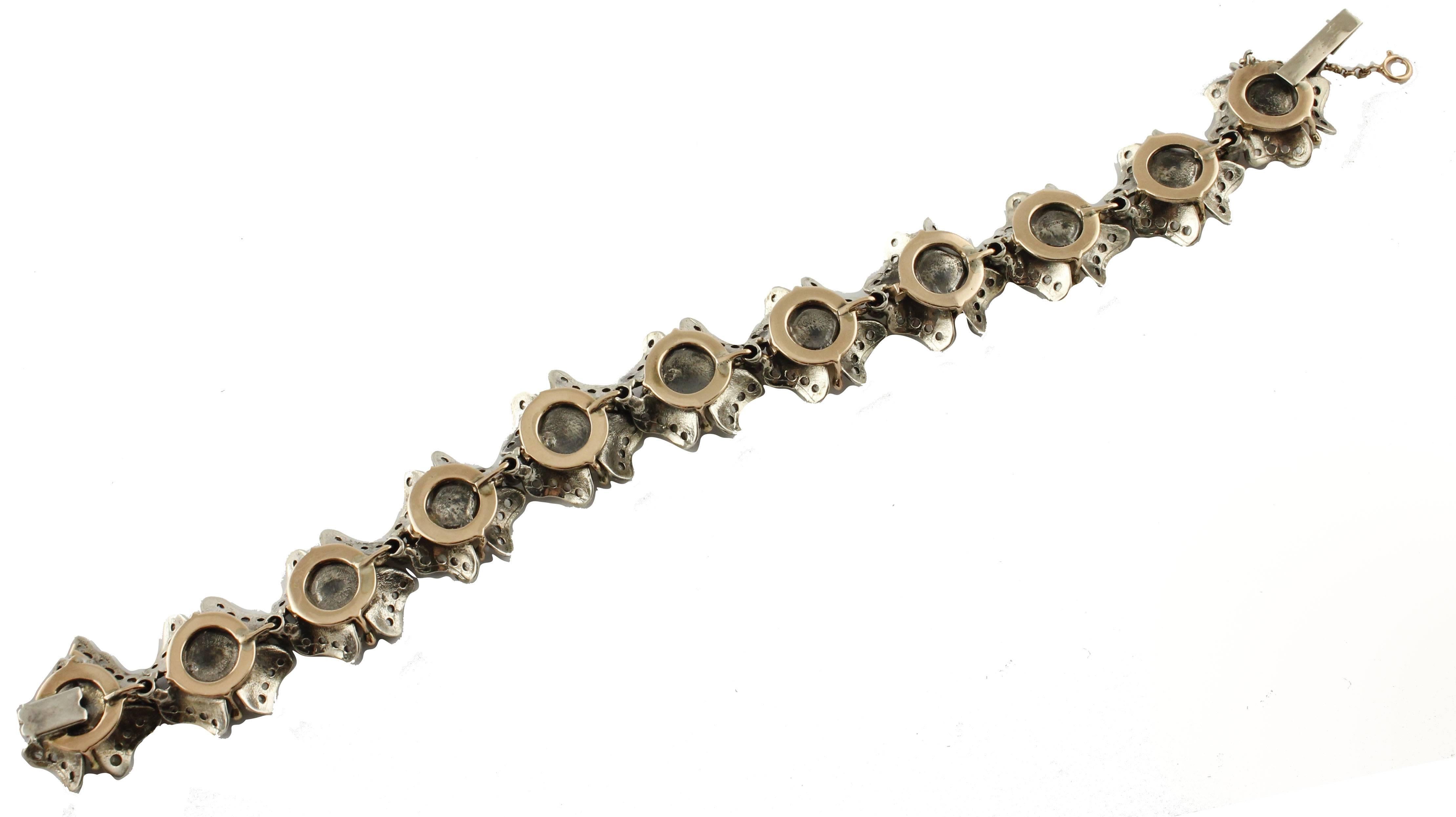 Rétro Bracelet à maillons en or rose et argent avec fleurs, perles, diamants et rubis en vente