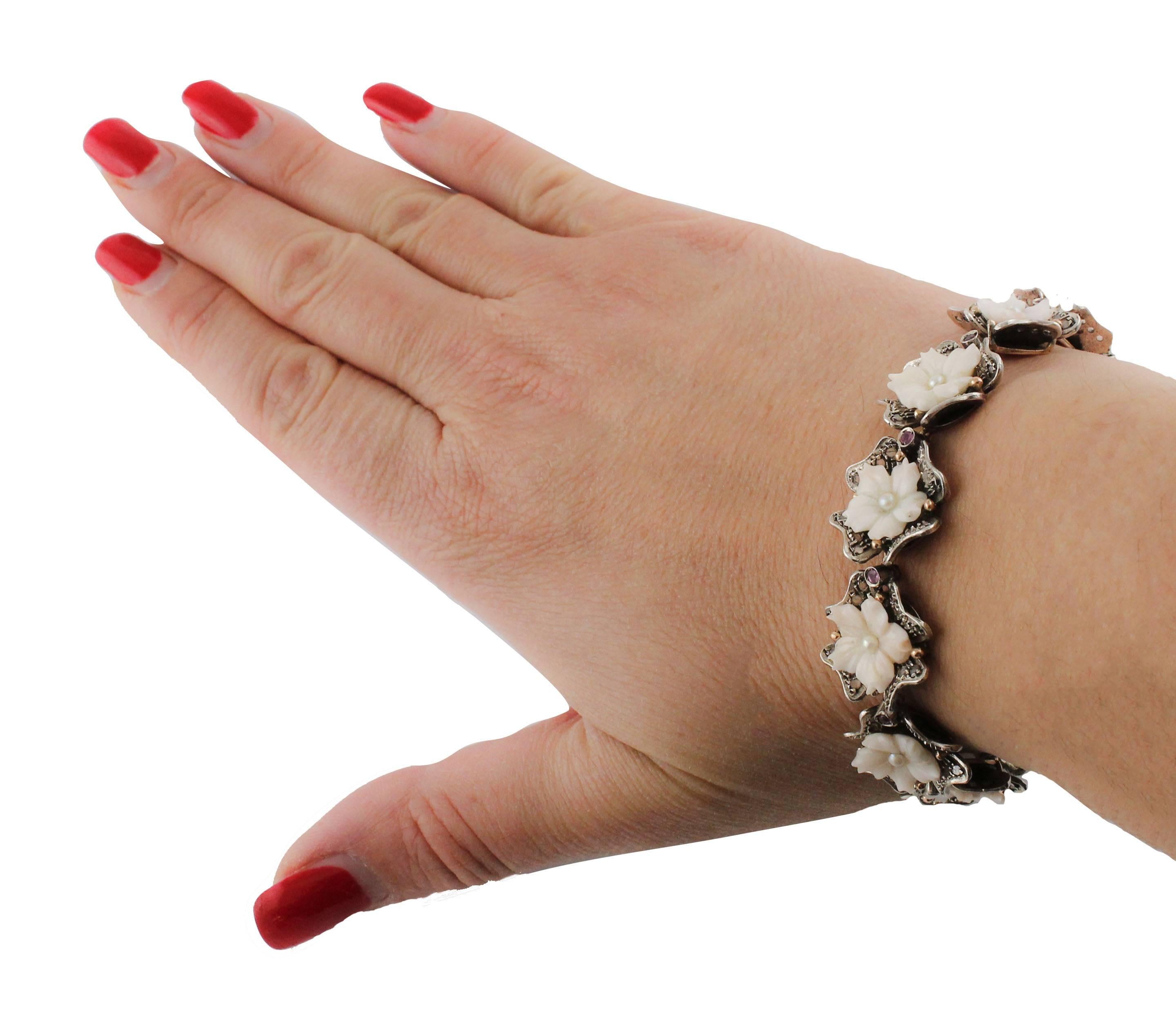 Retro Pink Corals Flowers, Pearls, Diamonds, Rubies Rose Gold and Silver Link Bracelet For Sale