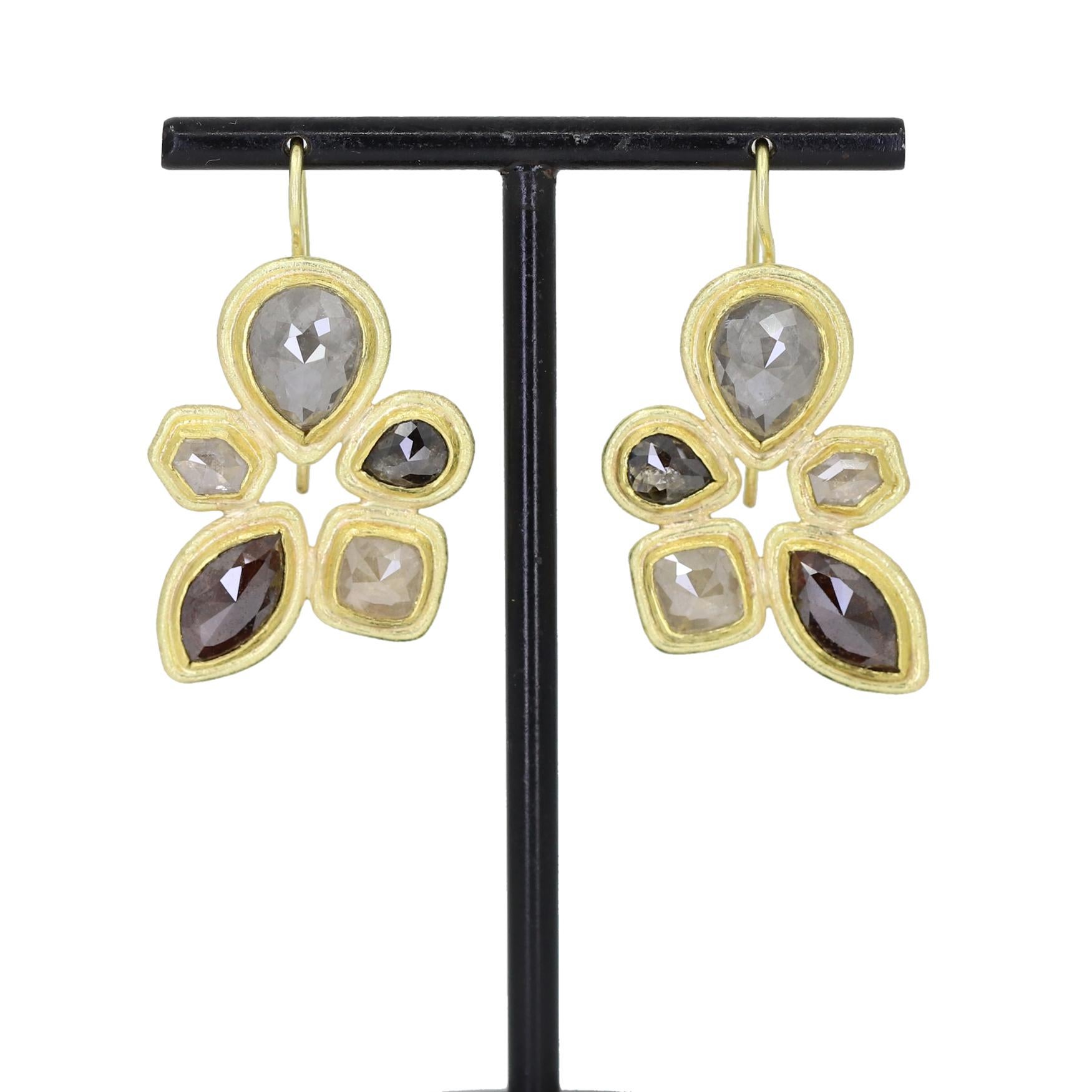 One of a Kind Mosaic Radial Drop Earrings hand-fabricated by acclaimed jewelry maker Petra Class in her signature-finished 22k yellow gold featuring assorted natural rose-cut diamonds and finished on 18k gold ear wires with spring closure. Each