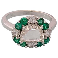 Natural Rose-Cut Diamond and Emerald Ring Set in 18 Karat Gold