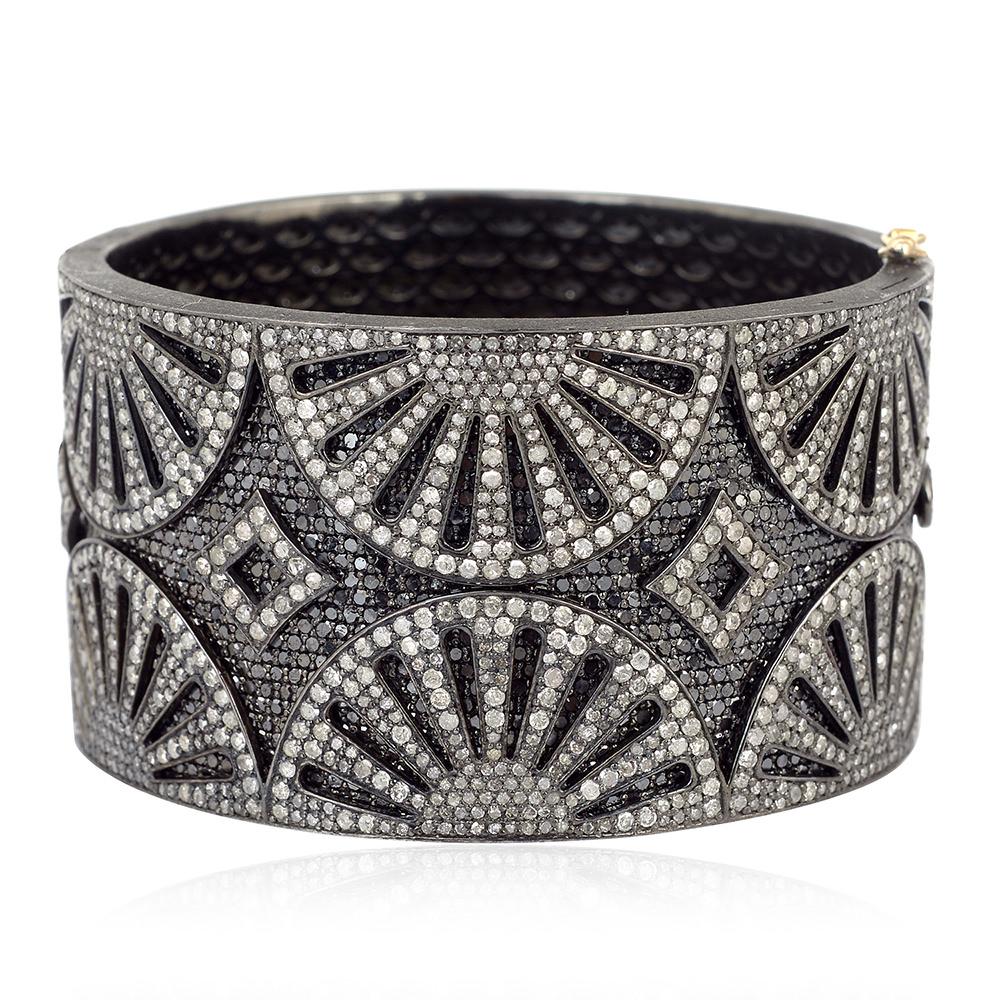 Mixed Cut Black & White Pave Diamond Cuff Made in 14k Gold & Silver For Sale
