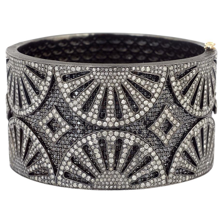 Black & White Pave Diamond Cuff Made in 14k Gold & Silver For Sale