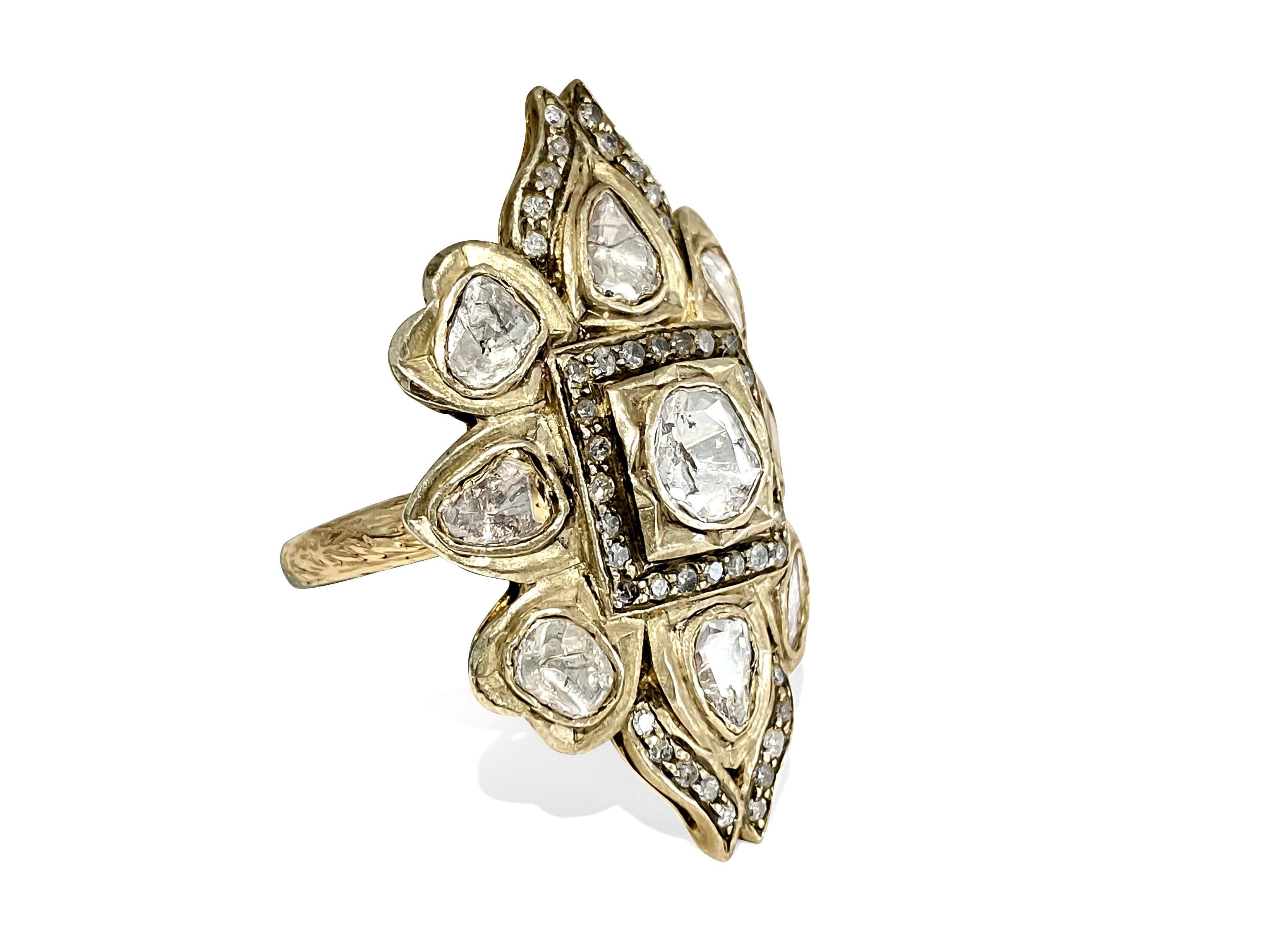 Natural Rose Cut Diamond Pave Ring. 14K Yellow Gold In Excellent Condition For Sale In Miami, FL