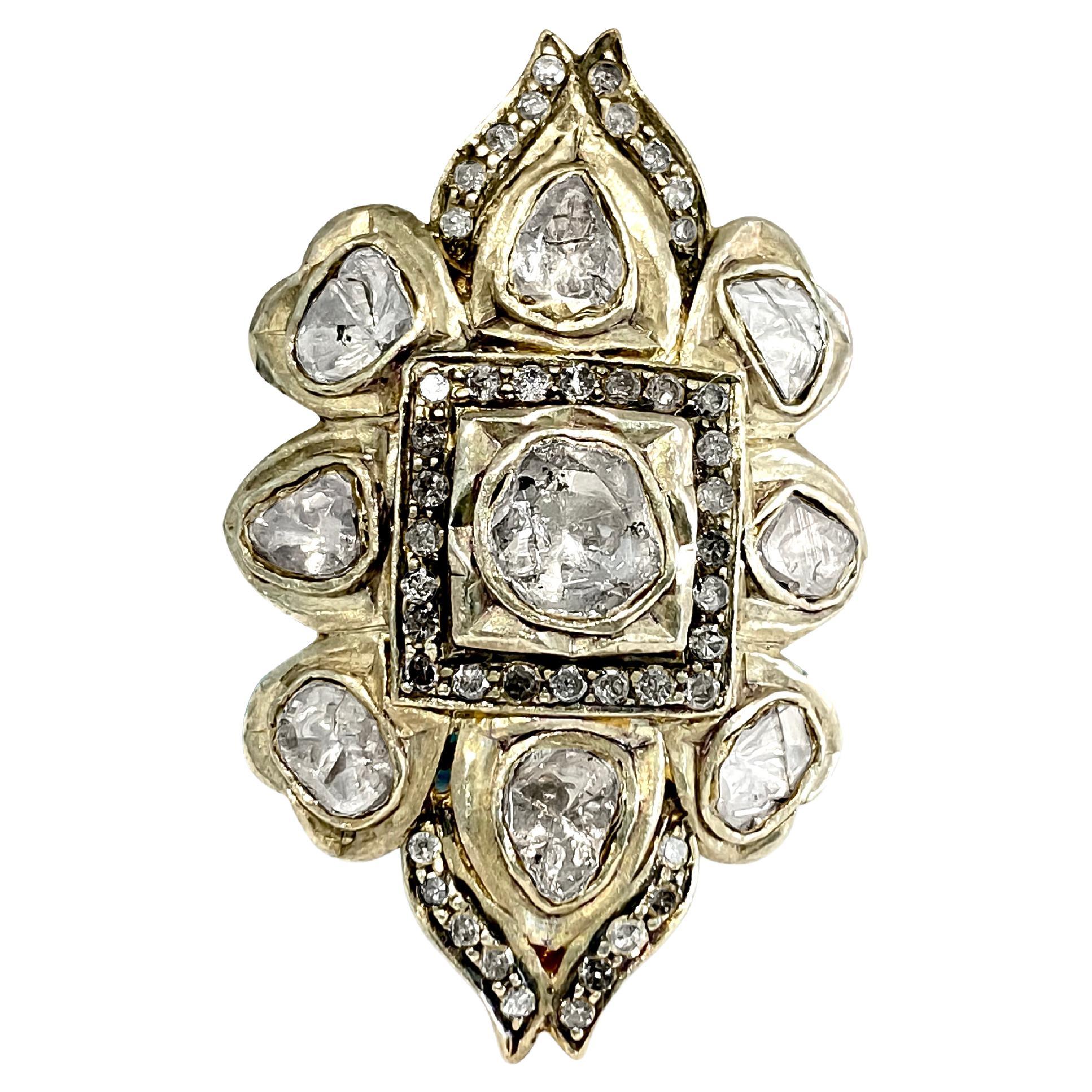 Natürlicher Rosenschliff-Diamant-Pavé-Ring. 14K Gelbgold im Angebot