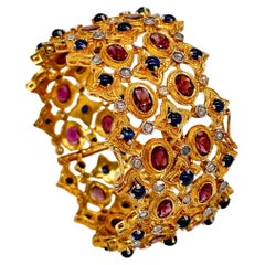 Natural rose cut diamonds blue sapphire and ruby 18K gold plated silver bracelet