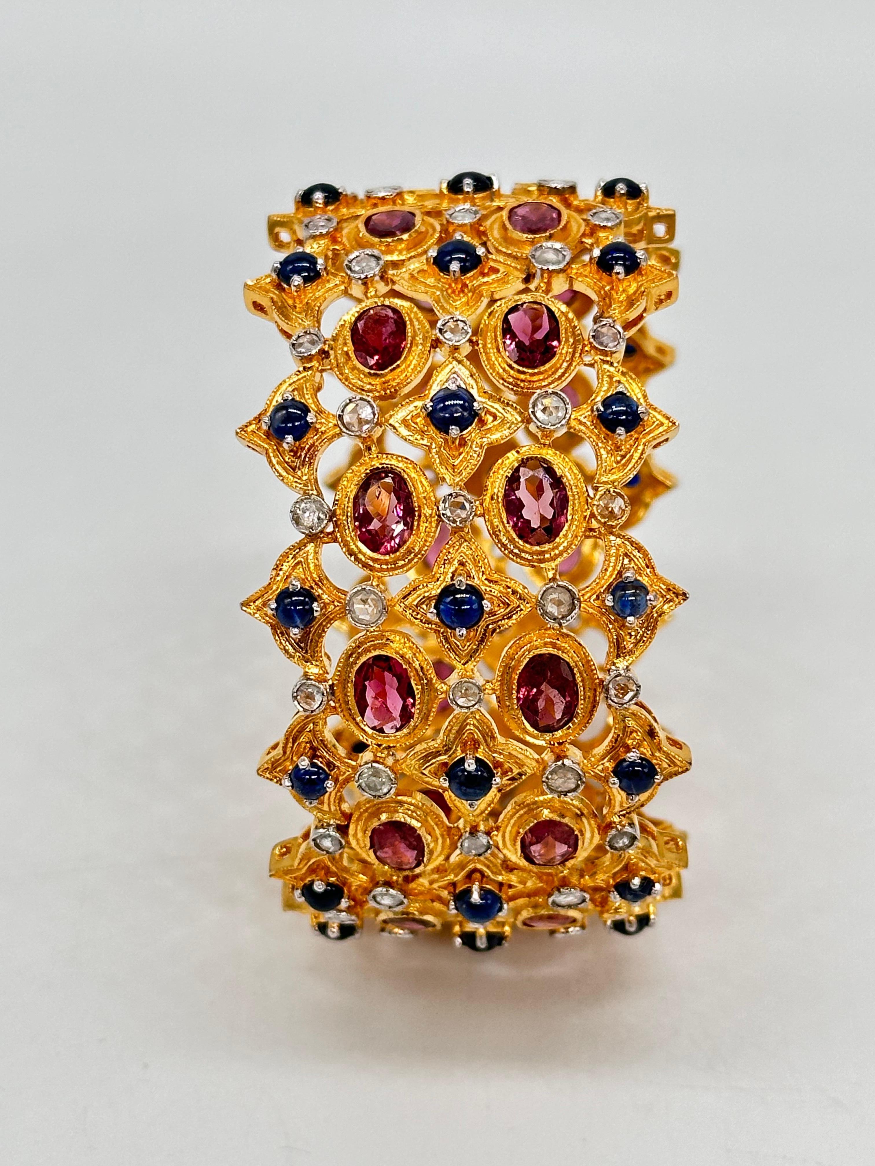 Modern Natural rose cut diamonds blue sapphire and ruby 18K gold plated silver bracelet For Sale