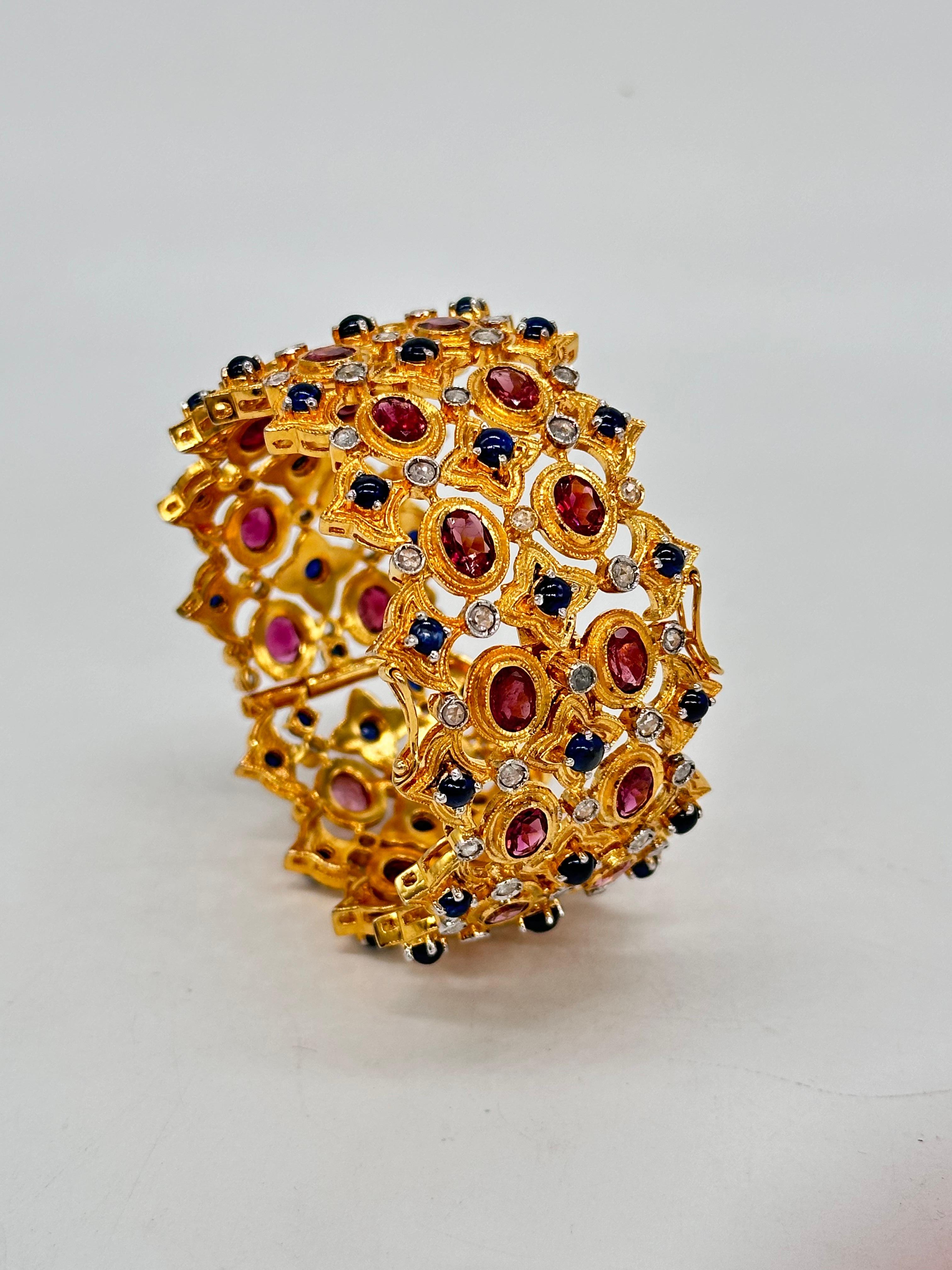 Rose Cut Natural rose cut diamonds blue sapphire and ruby 18K gold plated silver bracelet For Sale
