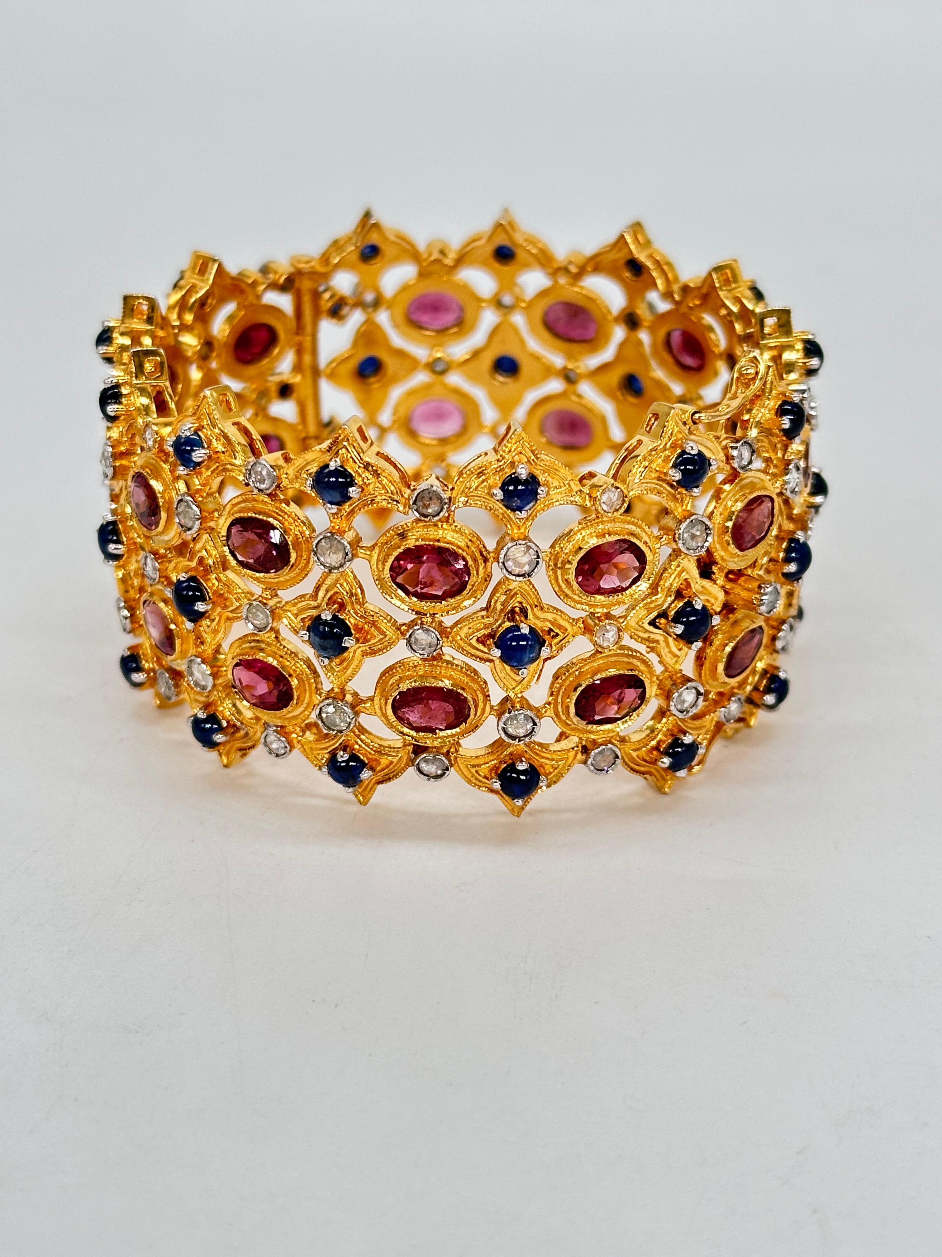 Natural rose cut diamonds blue sapphire and ruby 18K gold plated silver bracelet In New Condition For Sale In Delhi, DL