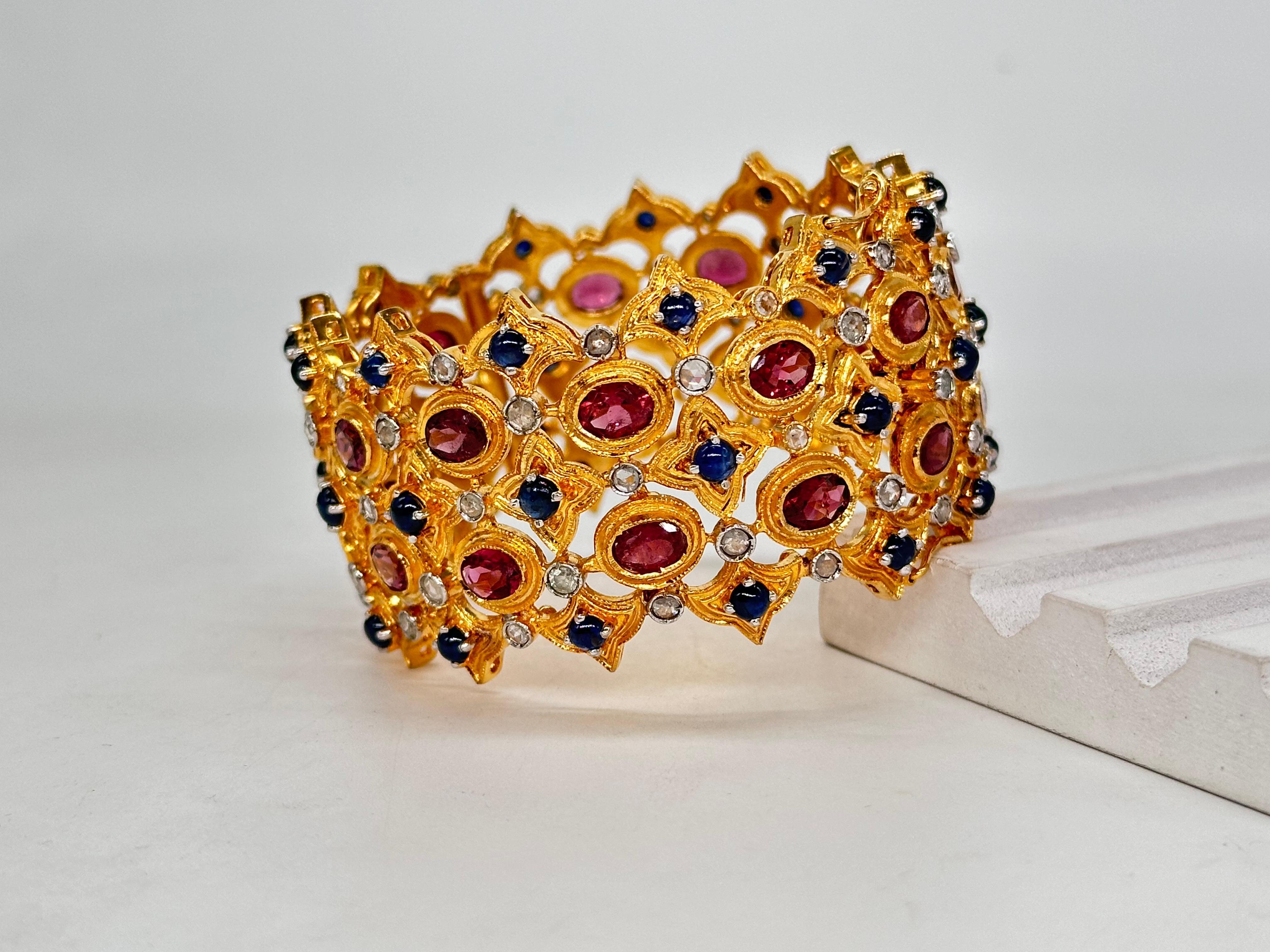 Women's or Men's Natural rose cut diamonds blue sapphire and ruby 18K gold plated silver bracelet For Sale