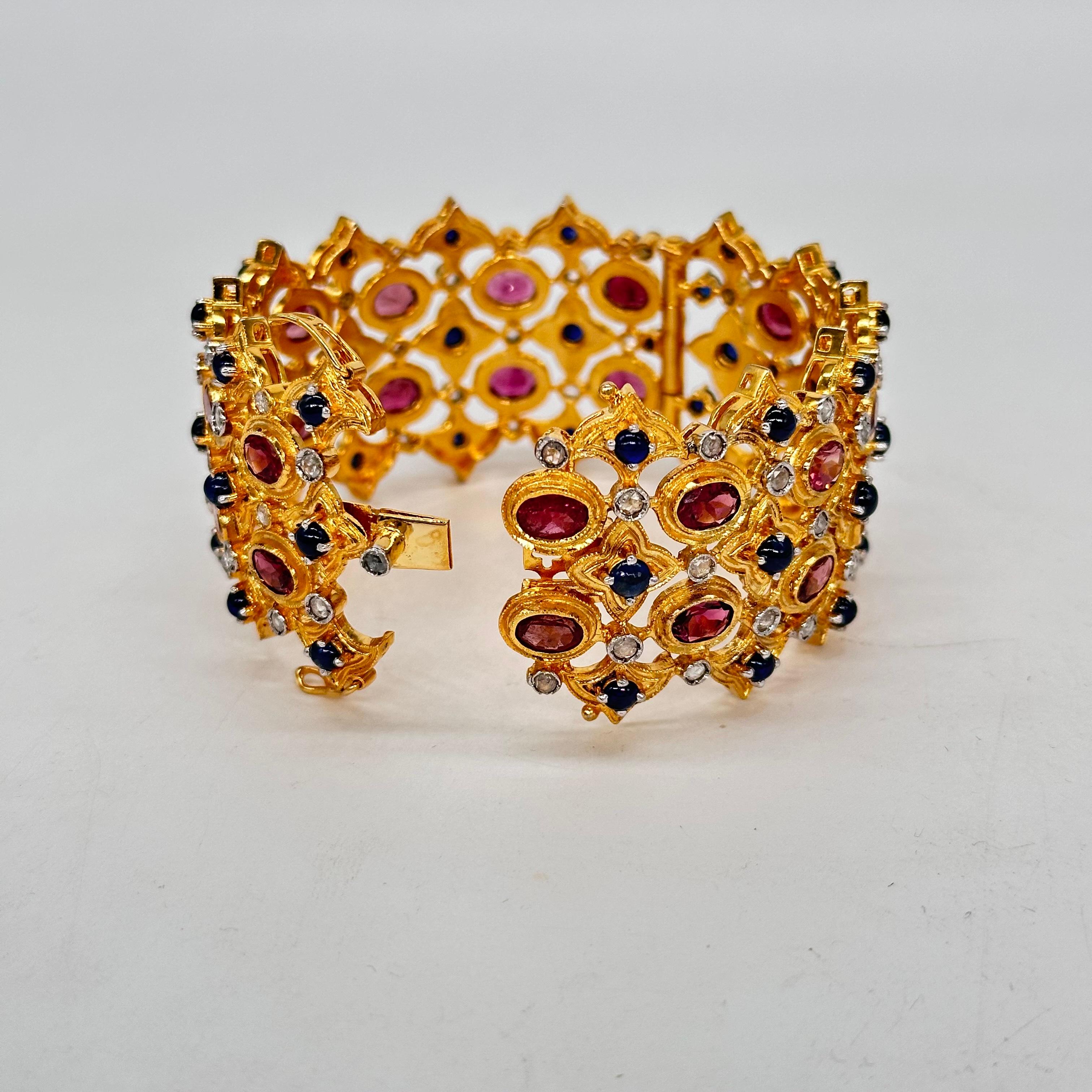 Natural rose cut diamonds blue sapphire and ruby 18K gold plated silver bracelet For Sale 1