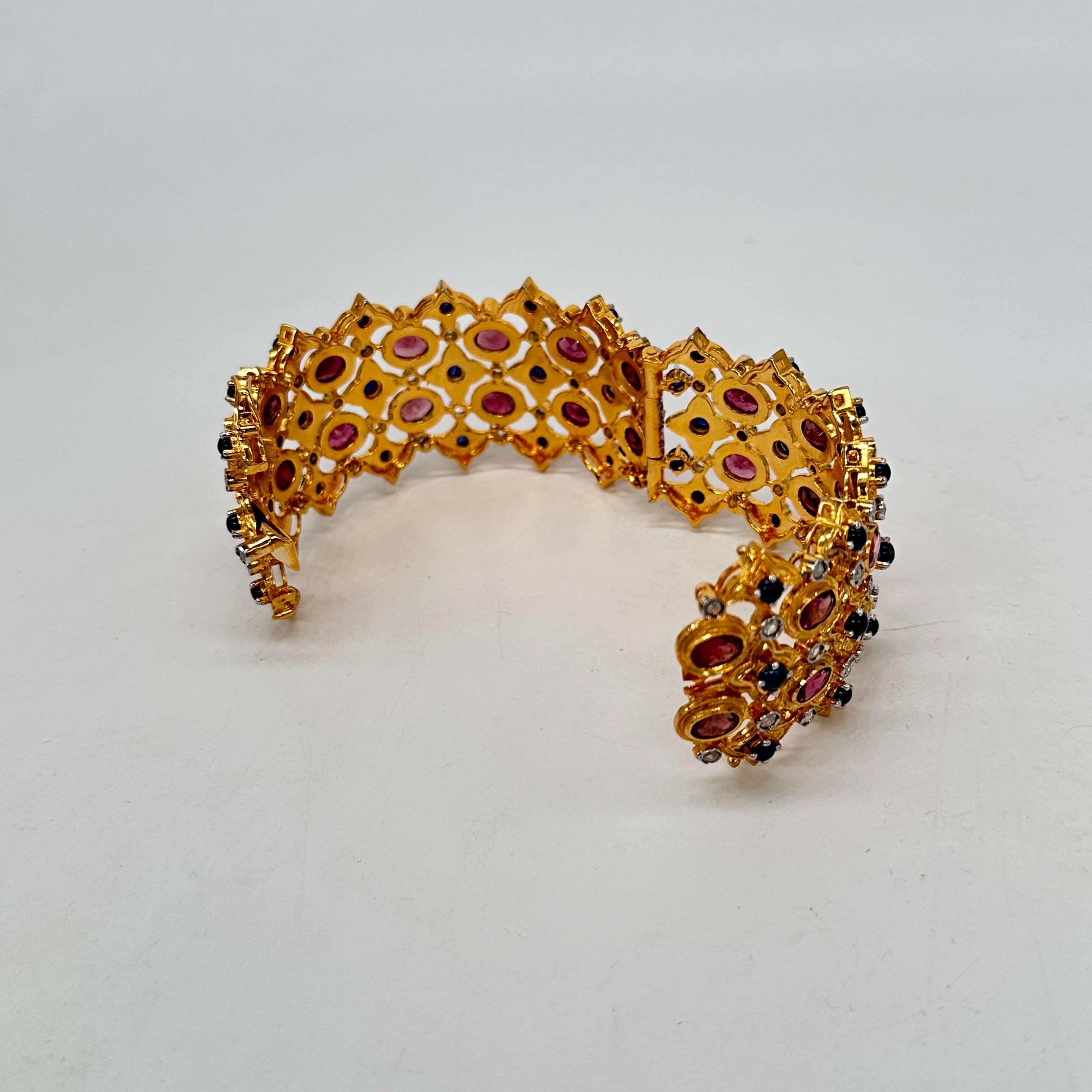Natural rose cut diamonds blue sapphire and ruby 18K gold plated silver bracelet For Sale 2