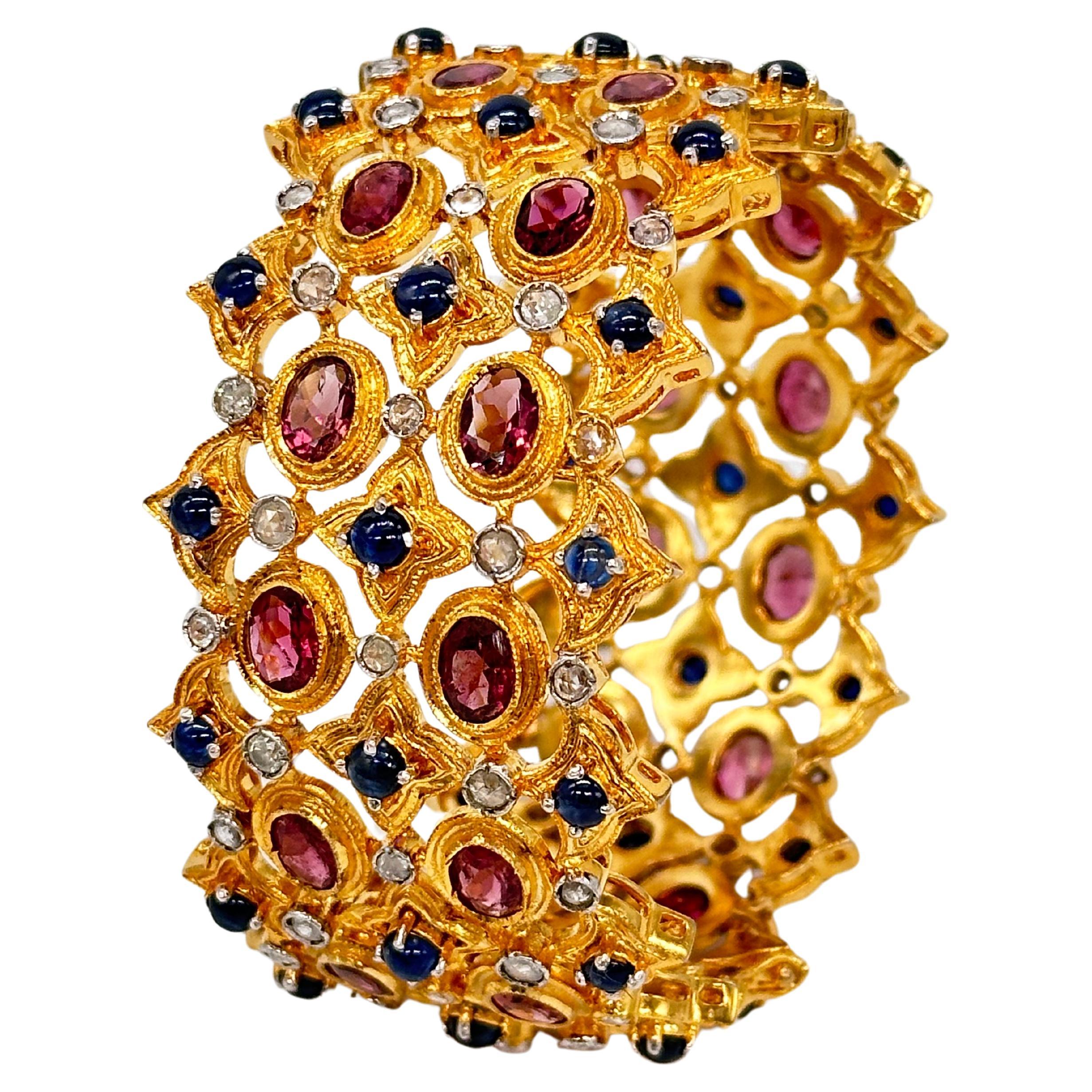 Natural rose cut diamonds blue sapphire and ruby 18K gold plated silver bracelet