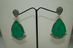 Natural Rose cut diamonds sterling silver green Jade Drop earrings