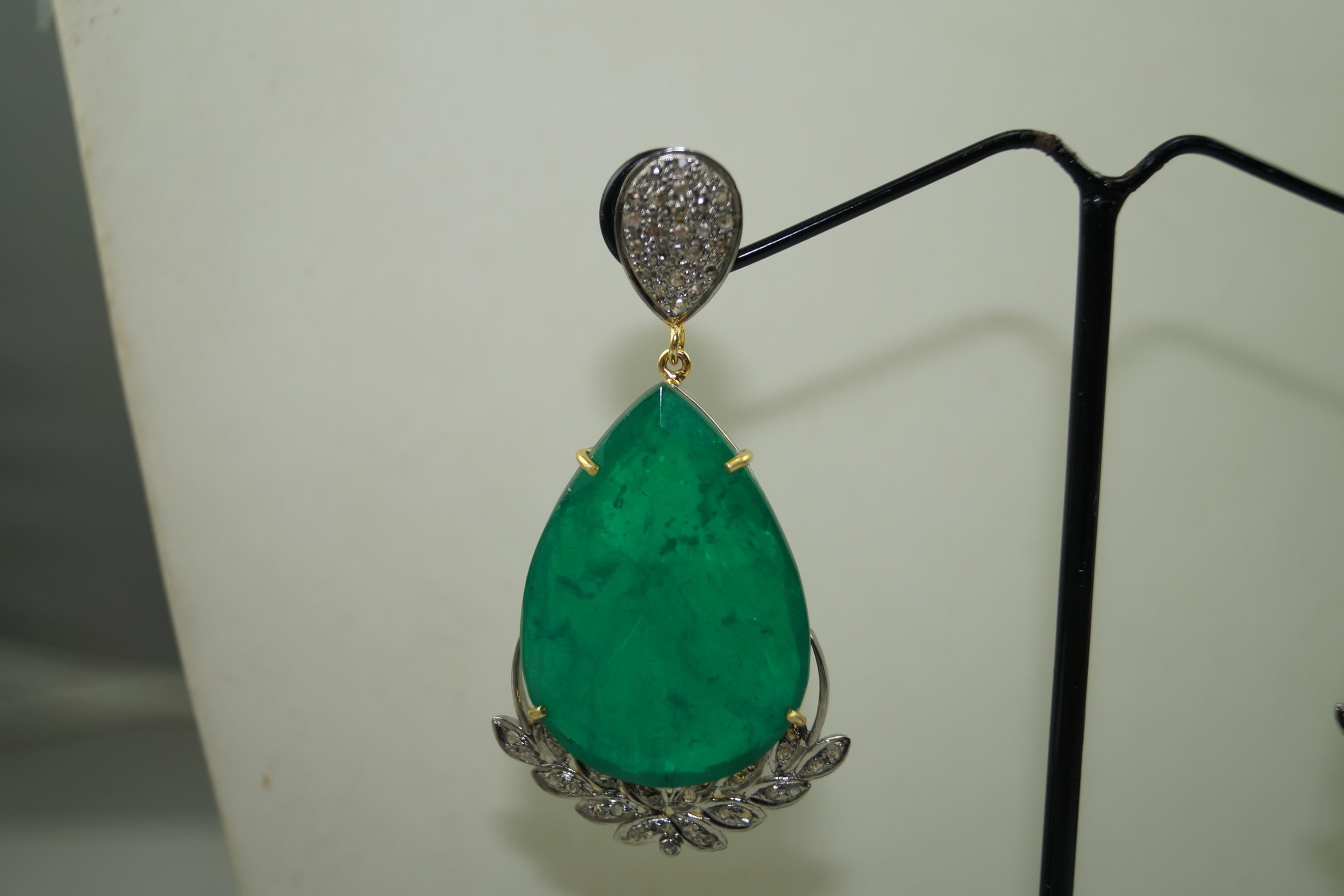 Édouardien Boucles d'oreilles pendantes en argent sterling et jade vert, diamants naturels taille rose en vente
