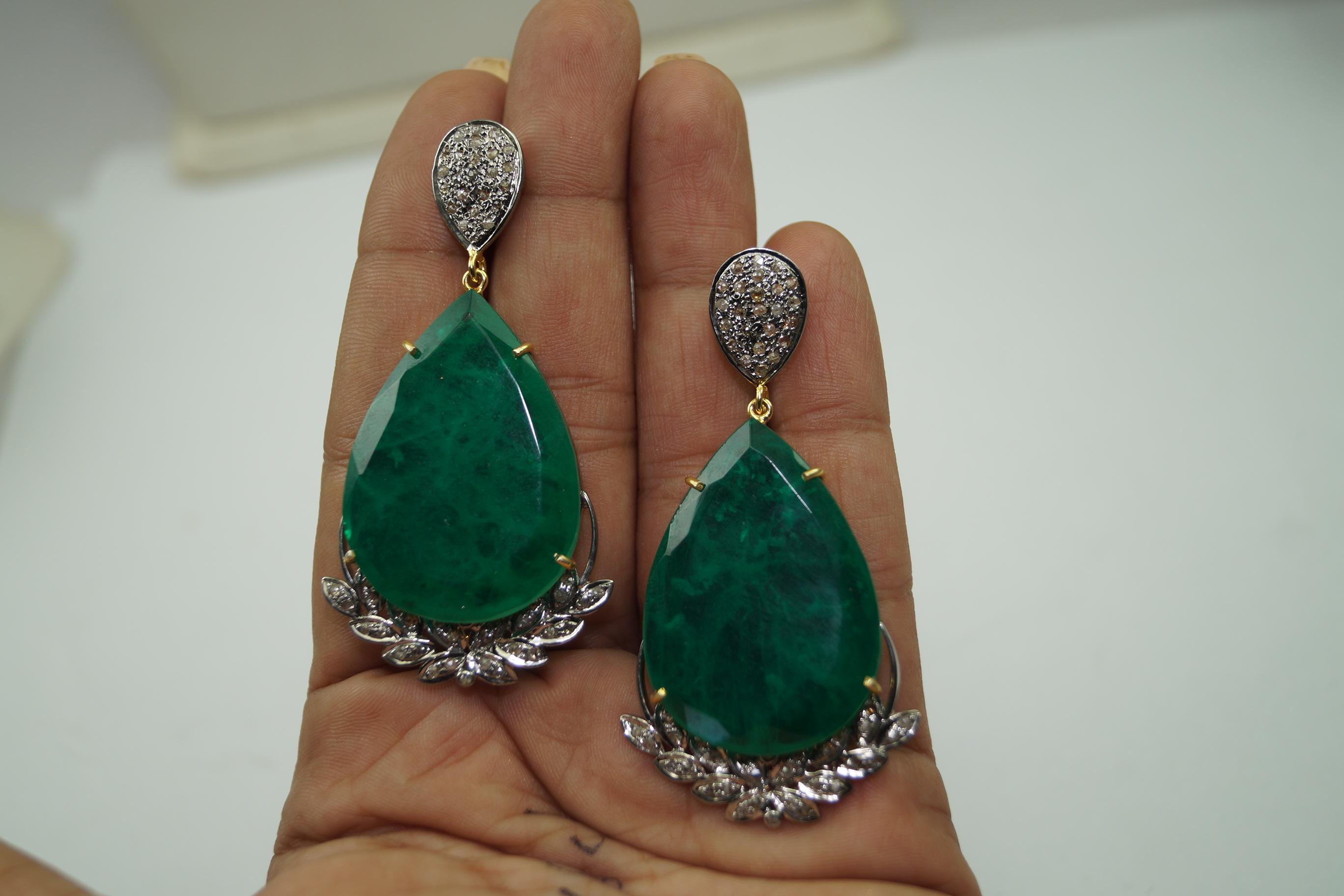 Boucles d'oreilles pendantes en argent sterling et jade vert, diamants naturels taille rose Neuf - En vente à Delhi, DL