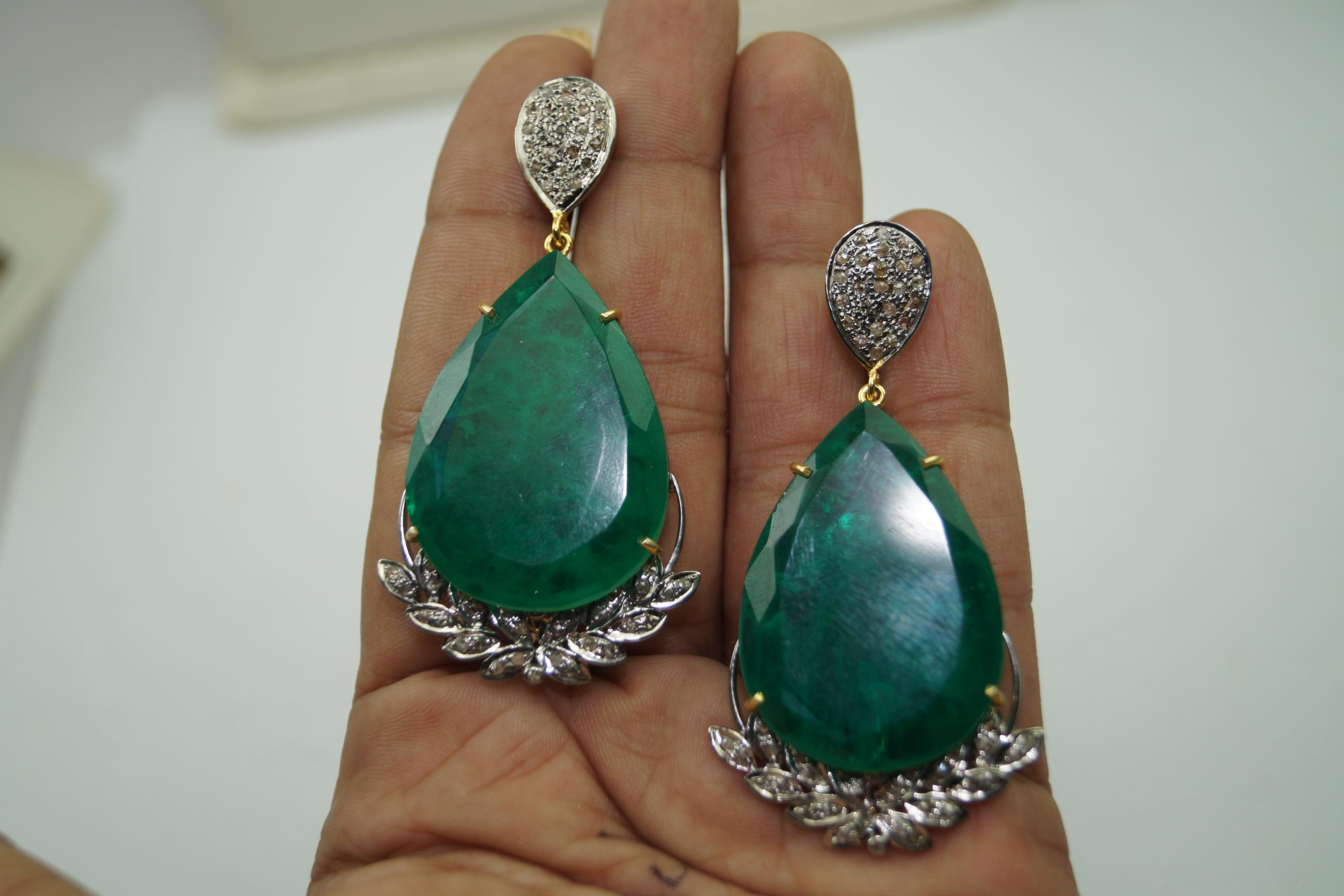 Boucles d'oreilles pendantes en argent sterling et jade vert, diamants naturels taille rose Pour femmes en vente