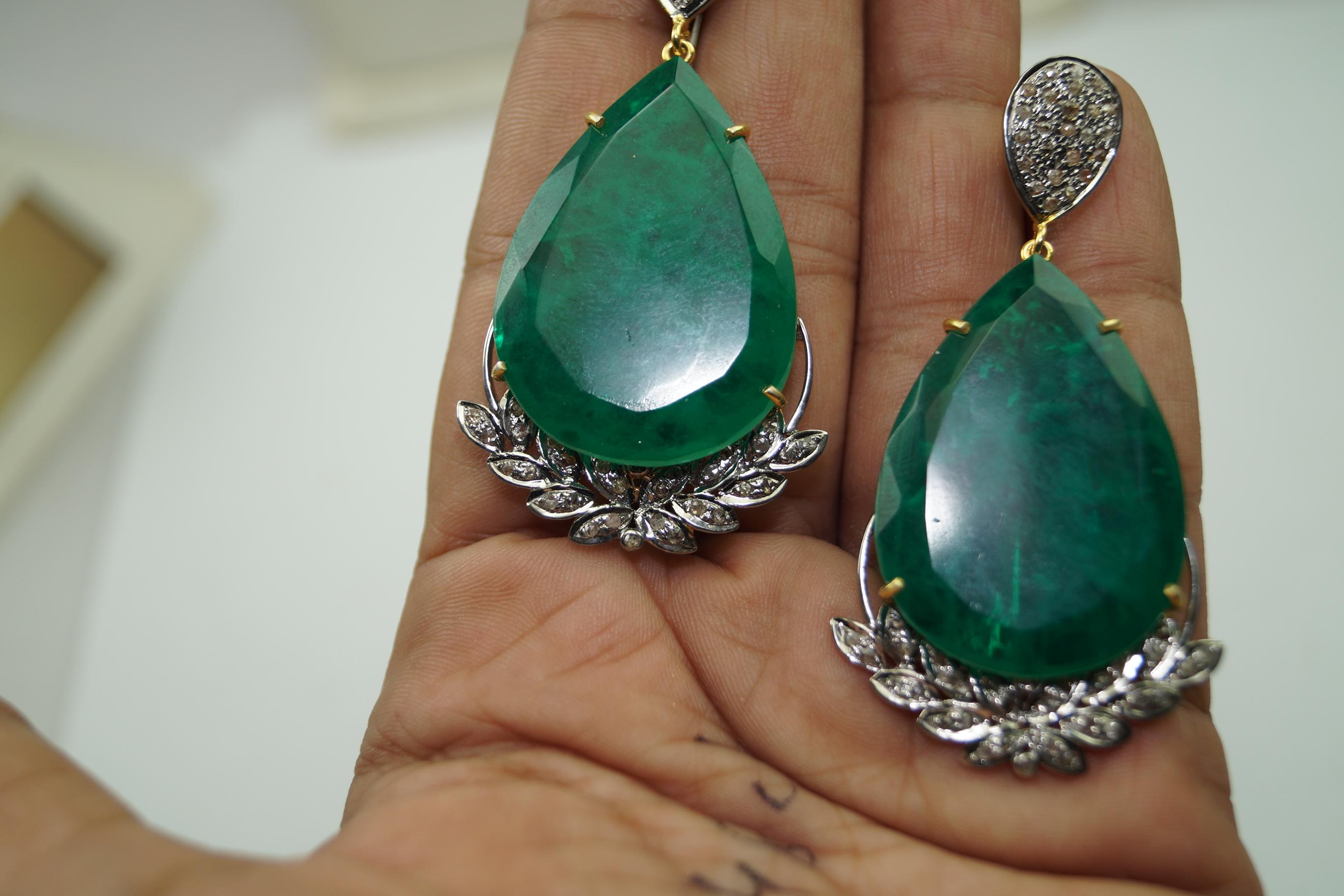 Boucles d'oreilles pendantes en argent sterling et jade vert, diamants naturels taille rose en vente 2