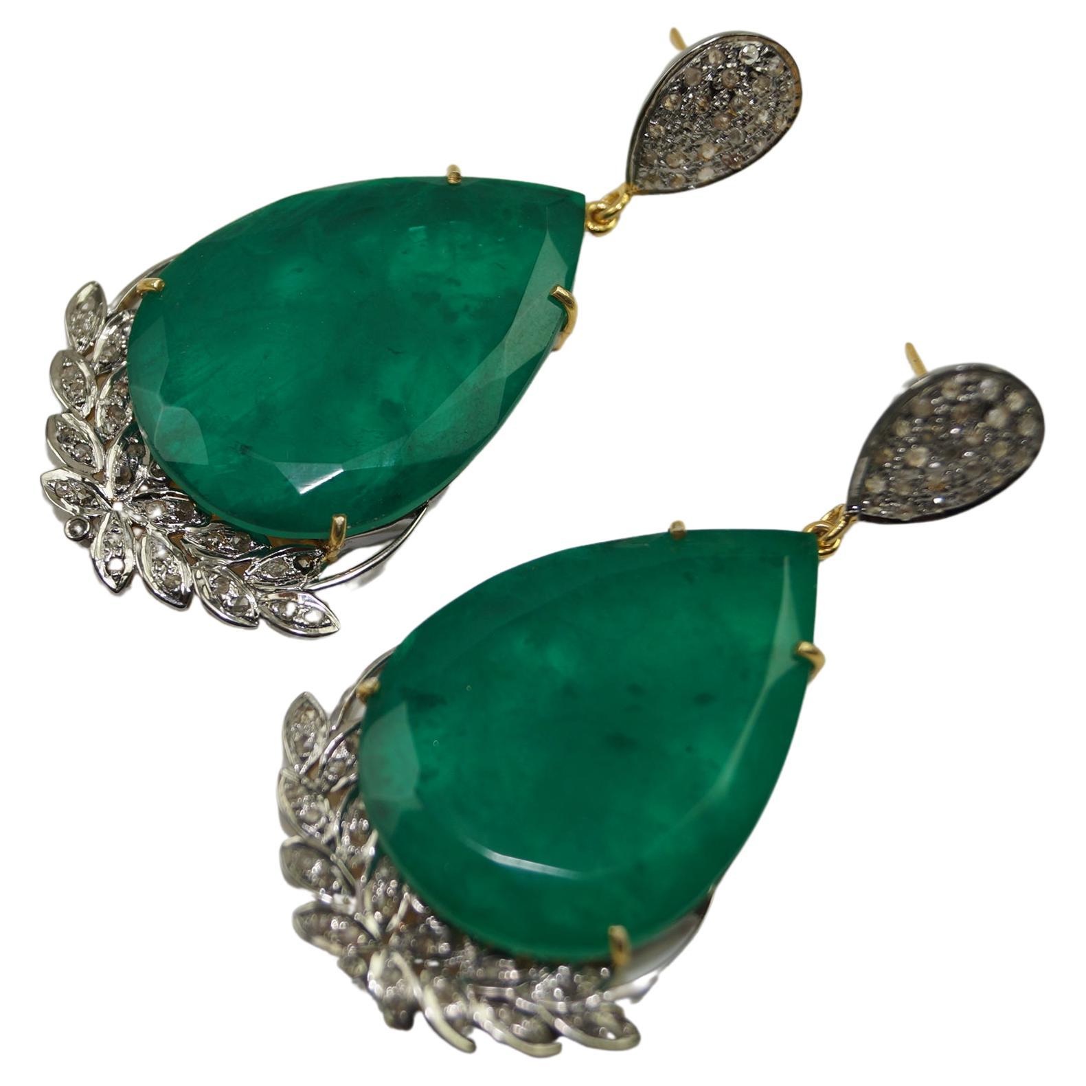 Boucles d'oreilles pendantes en argent sterling et jade vert, diamants naturels taille rose en vente