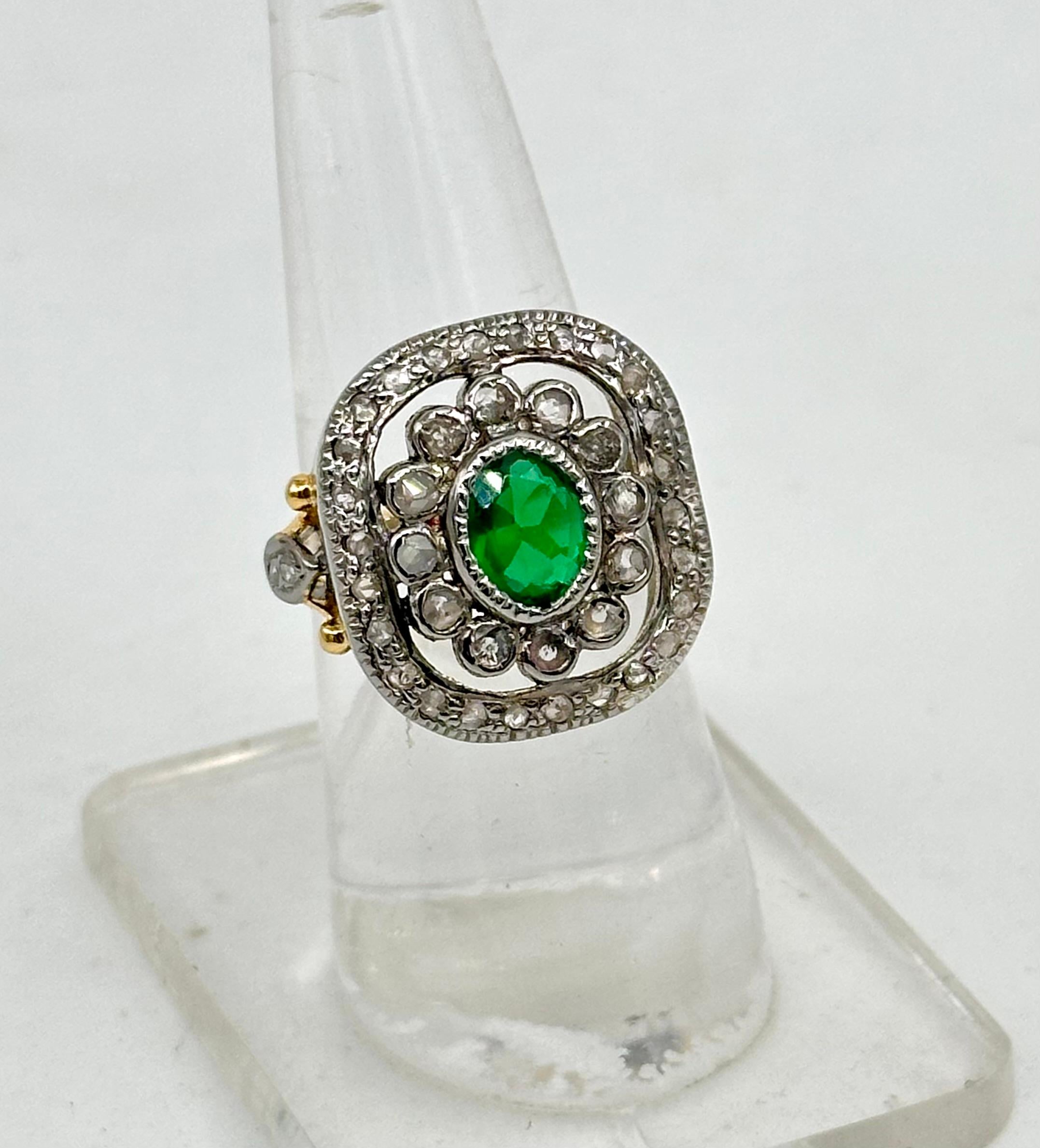 Edwardian Natural rose cut diamonds sterling silver tourmaline dual tone ring For Sale