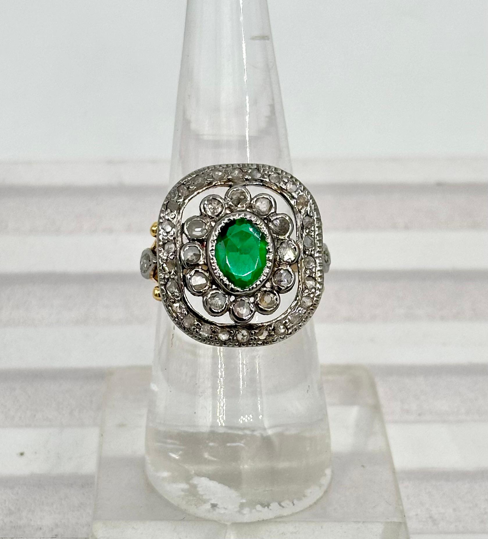 Natural rose cut diamonds sterling silver tourmaline dual tone ring In New Condition For Sale In Delhi, DL