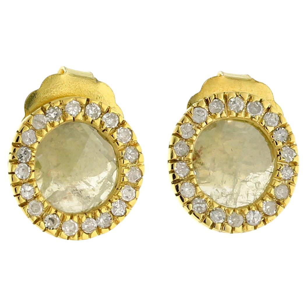 Natural Rose Cut Minimalist Stud Earrings With Pave Diamonds In 18k Gold