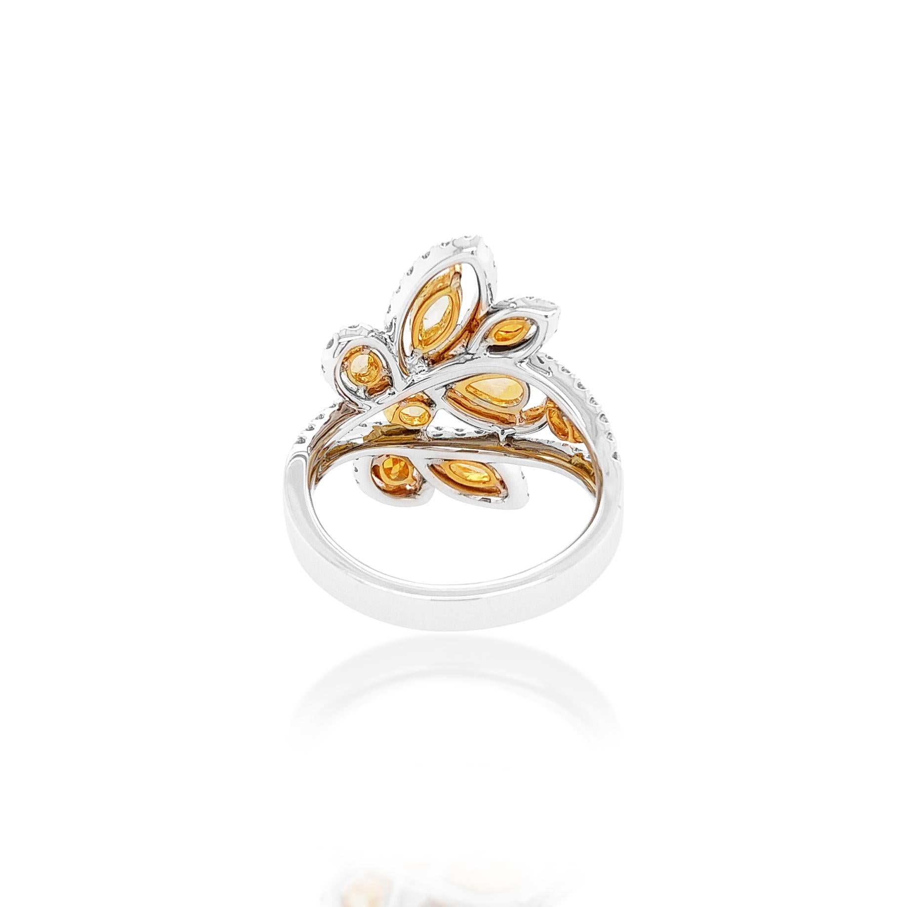 This contemporary Platinum cocktail ring features glamorous Fancy shapes Rose Cut Multicolor Diamonds, surrounding an elegant arrangement of white diamonds. Modern and stylish, this ring will make a statement whenever and however it is