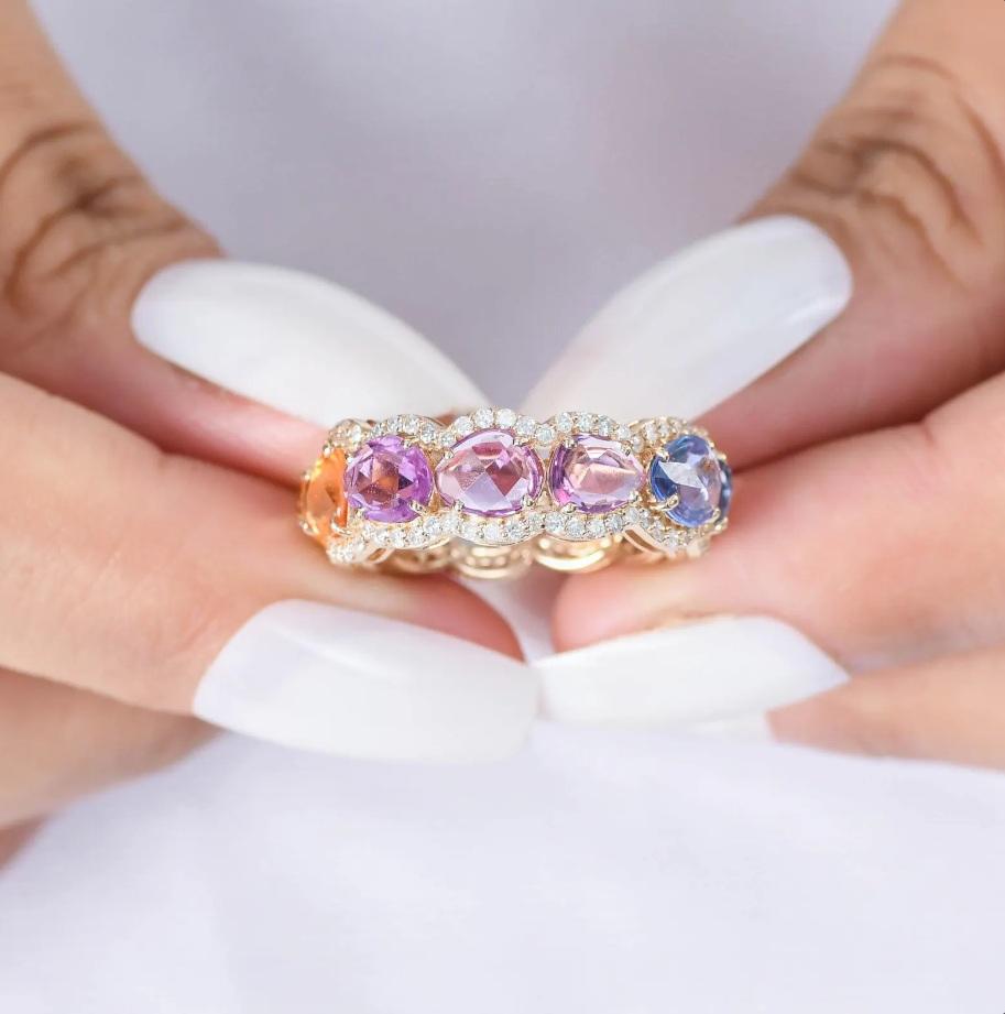 Bague en or 14k saphir multicolore naturel taillé en rose Neuf - En vente à jaipur, IN