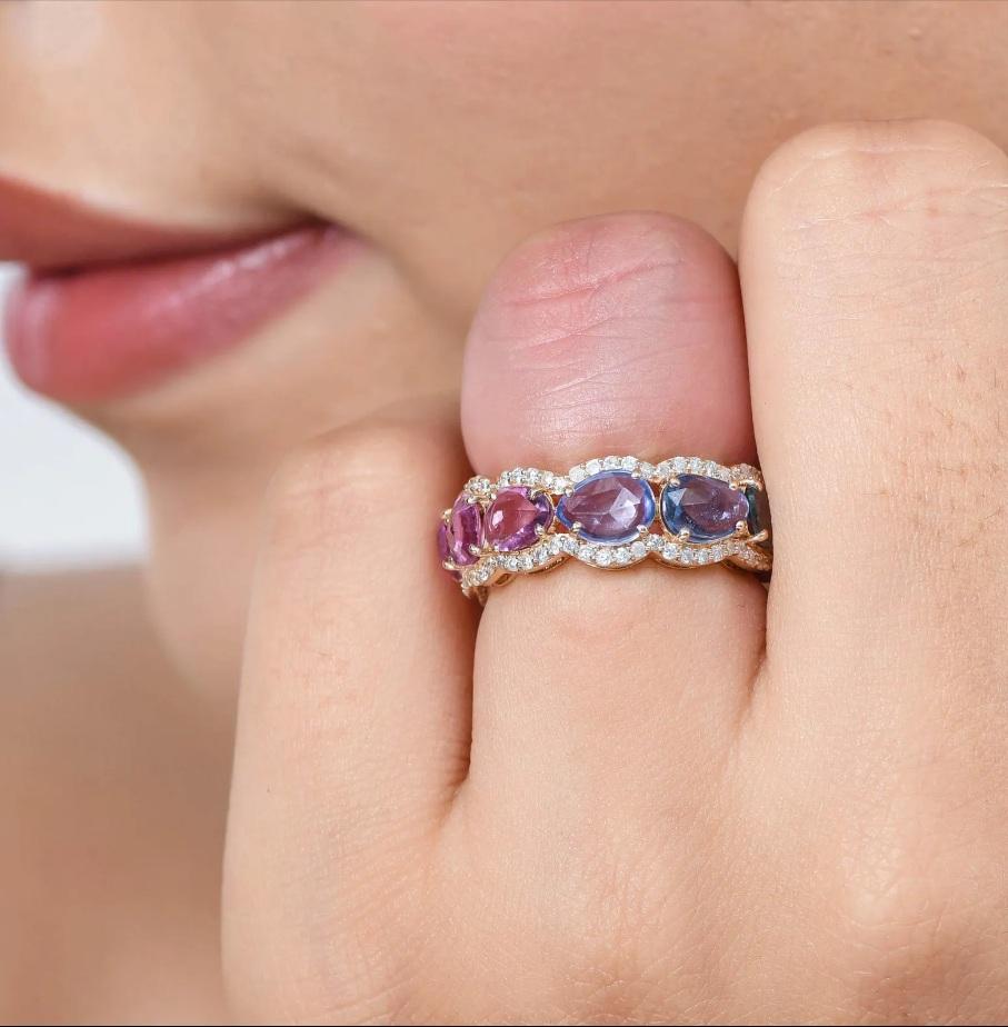 Bague en or 14k saphir multicolore naturel taillé en rose Pour femmes en vente